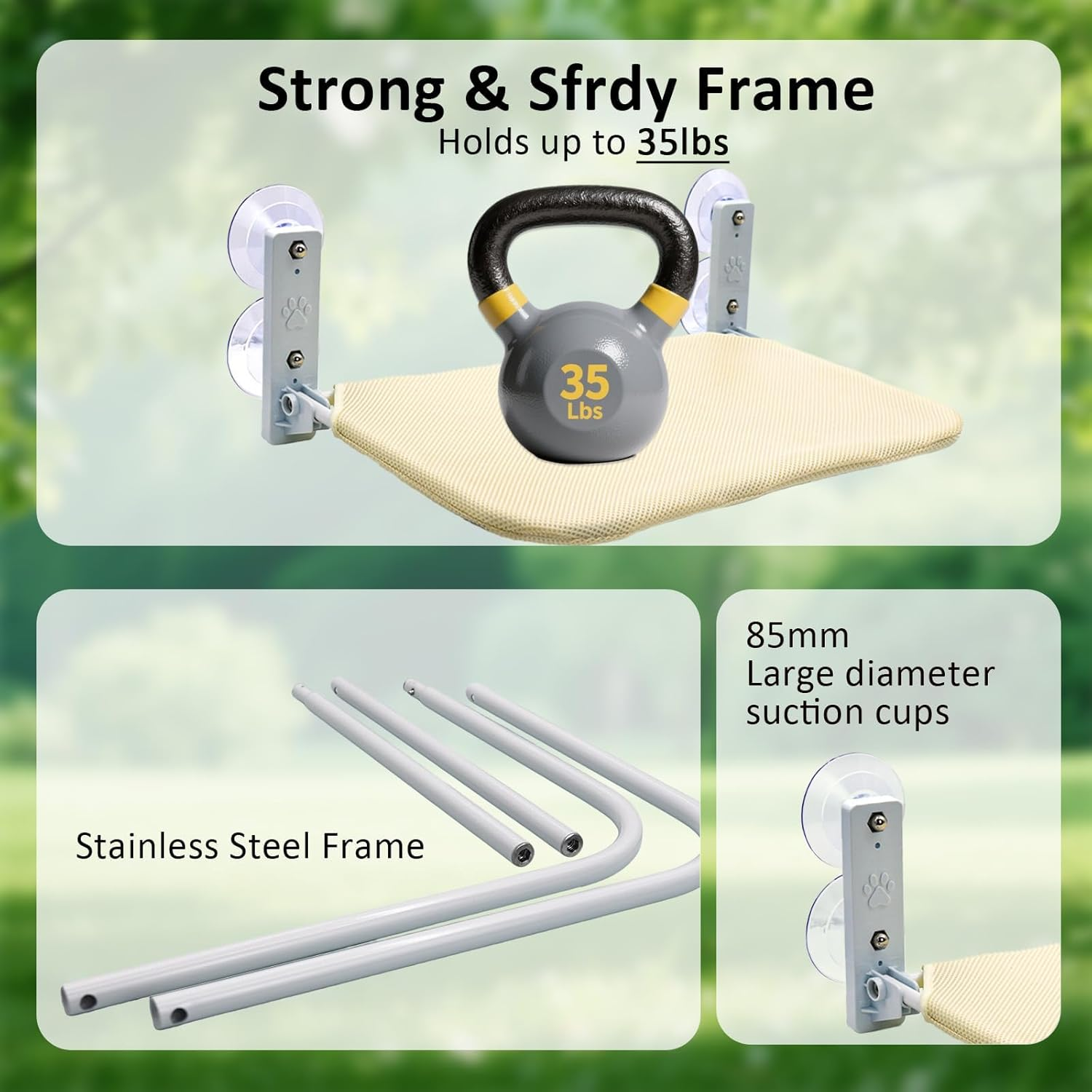 Cat Hammock, Foldable Cat Window Perch - Extra Large 52Cm Cordless Hammock with 4 Super Strong Suction Cups & Metal Frame image number 1