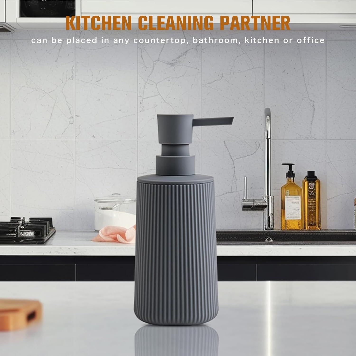 Grey Soap Dispenser, Small Hand Soap Dispenser for Bathroom, Refillable Dish Soap Dispenser for Kitchen Countertop, Modern Striped Liquid Soap Dispenser with Pump (Grey, Liquid) - Beige image number 7