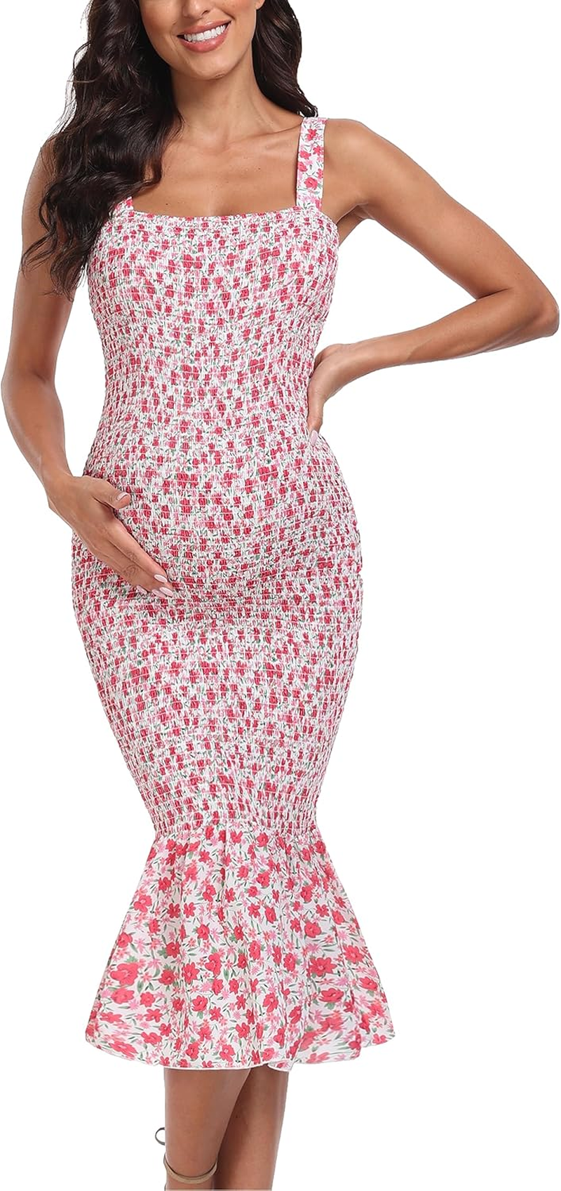 Summer Floral Midi Tank Maternity Dress, Sleeveless Strappy Ruffle Hem Smocked Bodycon Baby Shower Dresses image number 7