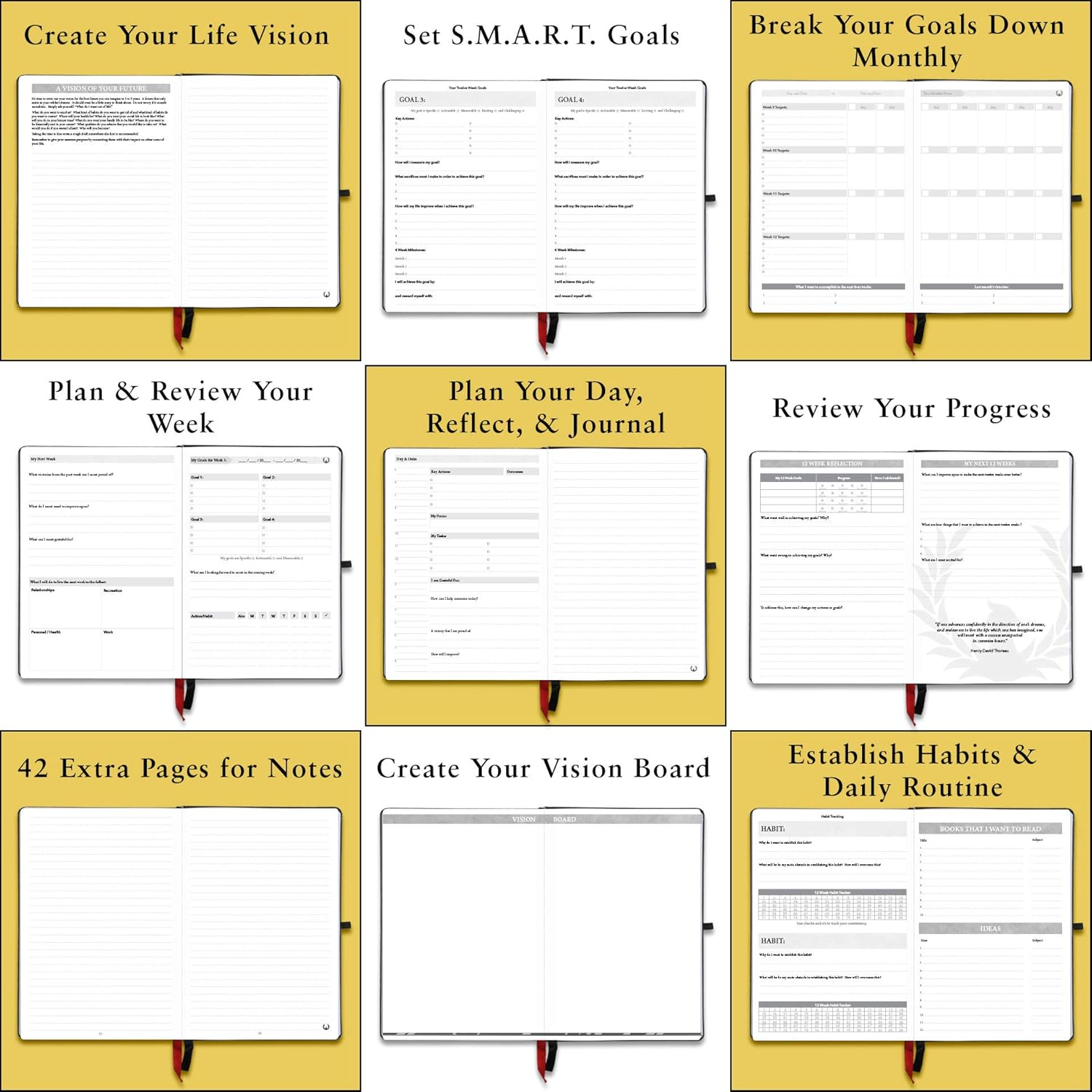 The Phoenix Journal - Best Daily Goal Planner, Organizer, Calendar for Goal Setting, Gratitude, Happiness, Productivity - Vision Board & Habit Tracking - 12 Weeks, Undated, Hardcover - Black