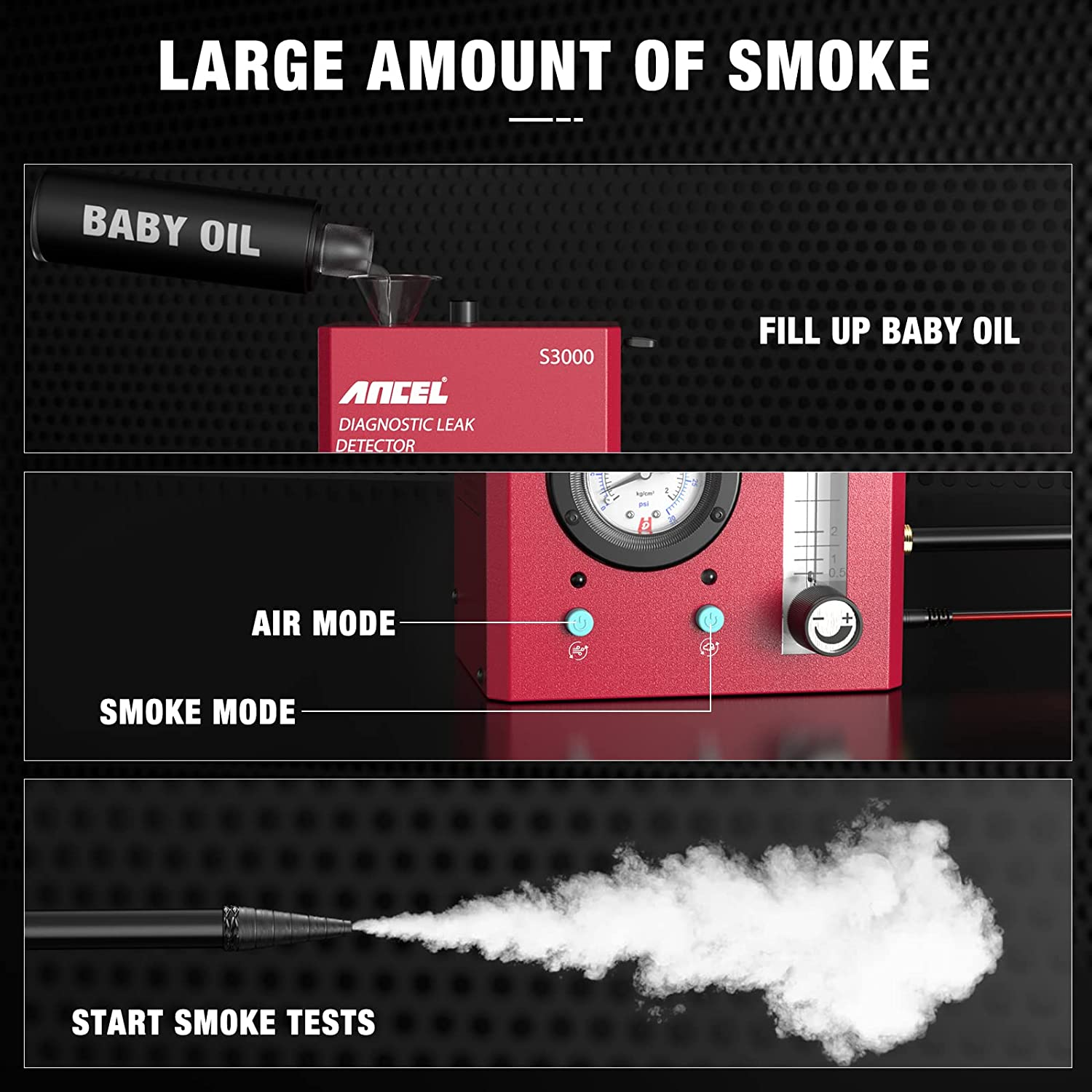 ANCEL S3000 Automotive EVAP Smoke Machine Leak Detector with Oil Level Gauge & Air Flowmeter, 12V Car Pipe Leakage Tester for Vehicle Motorcycle Boat Truck image number 6