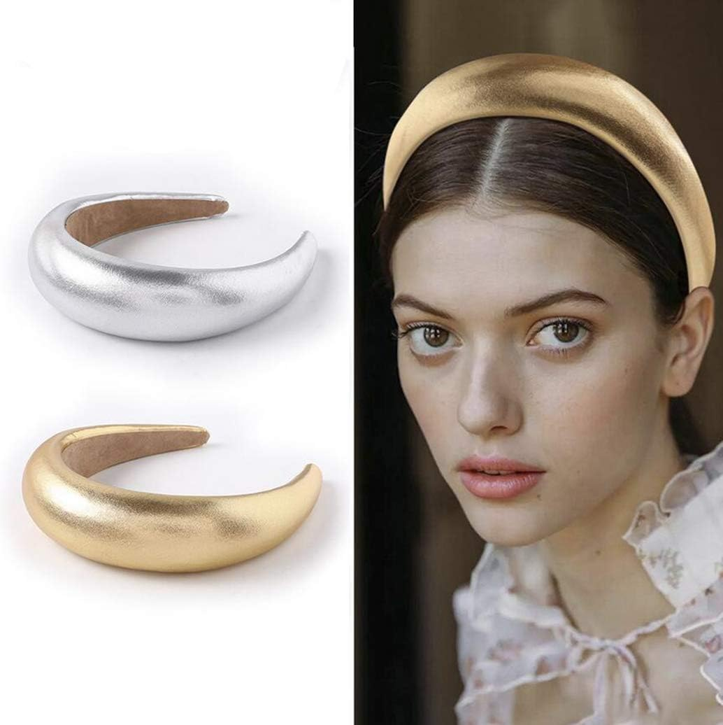 2 Pieces Vintage Leather Headbands Wide Padded Non-Slip Fashion Hair Hoop Headband Costume Accessory for Party Daily Wear (Gold+Silver) image number 1