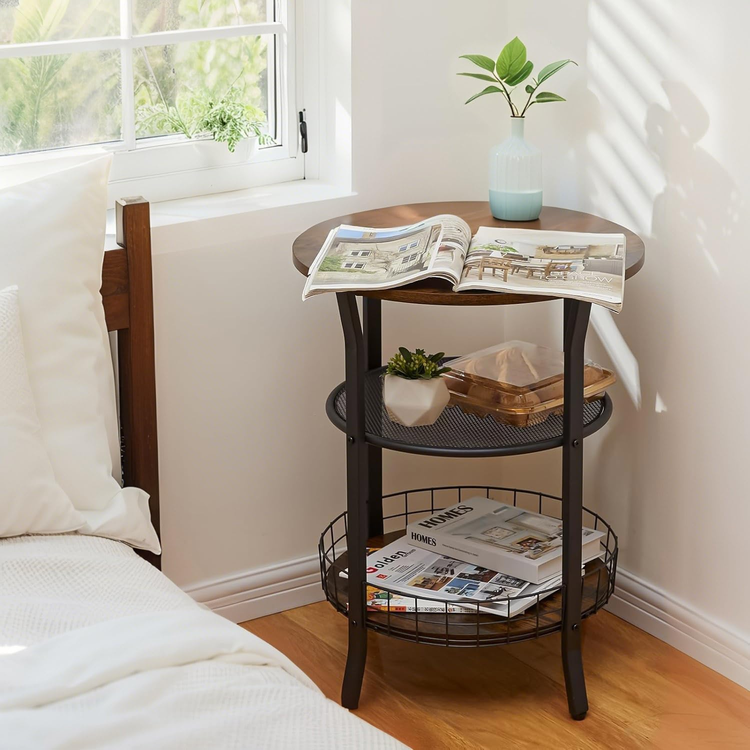 Round Side Table &ndash; Industrial Style Wooden & Metal Side Table with Storage Shelf, Rustic Brown, for Living Room, Bedroom, Office & Kitchen image number 3