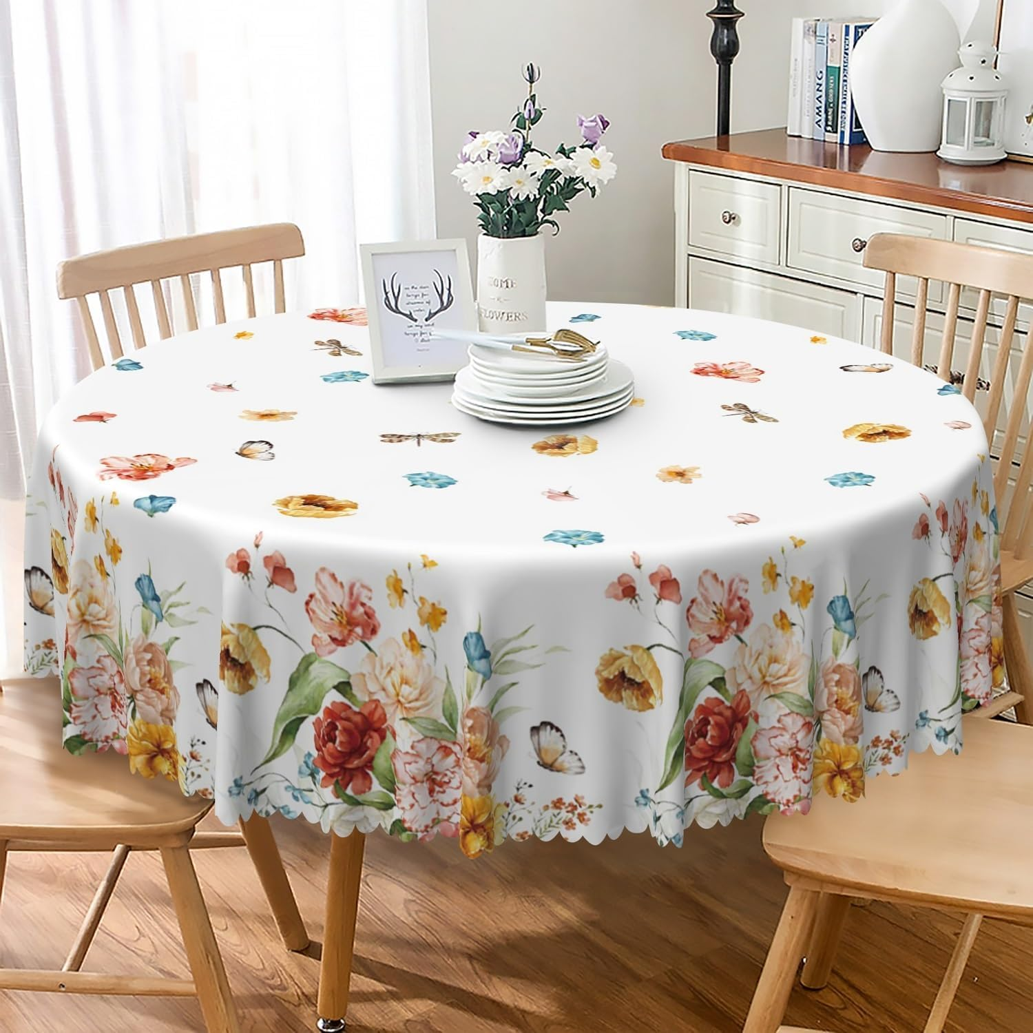 Spring Summer round Tablecloth 60 Inch Green Leaf Pink Floral Circular Table Cloth Washable Wrinkle Resistant Fabric Table Cover for Kitchen Dining Room Picnic Patio Indoor Outdoor Decor