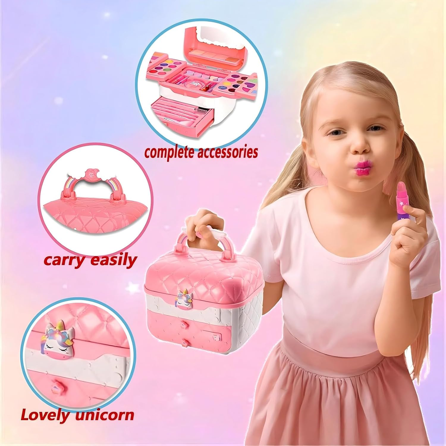 Girls Makeup Kit for Kids, 72 Pcs Washable Real Cosmetic & Pink Travel Cosmetic Case, Non-Toxic Make up Set Toys Toddler Makeup Kit, Princess Dress up Kit Christmas & Birthday Gift for 3-12 Age Girl - Pink image number 6