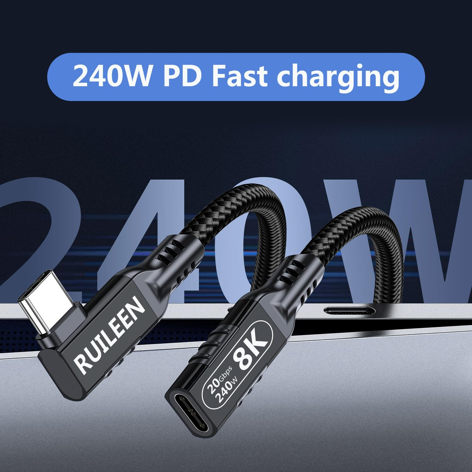 240W 20Gbps USB-C Right Angle Extension Cable [5 M], USB-C Male to Female 90 Degree Extender,5A Fast Charge 8K Video Support, Nylon Braided & Aluminum Housing for Macbook/Ipad Pro/Galaxy (Black) image number 7