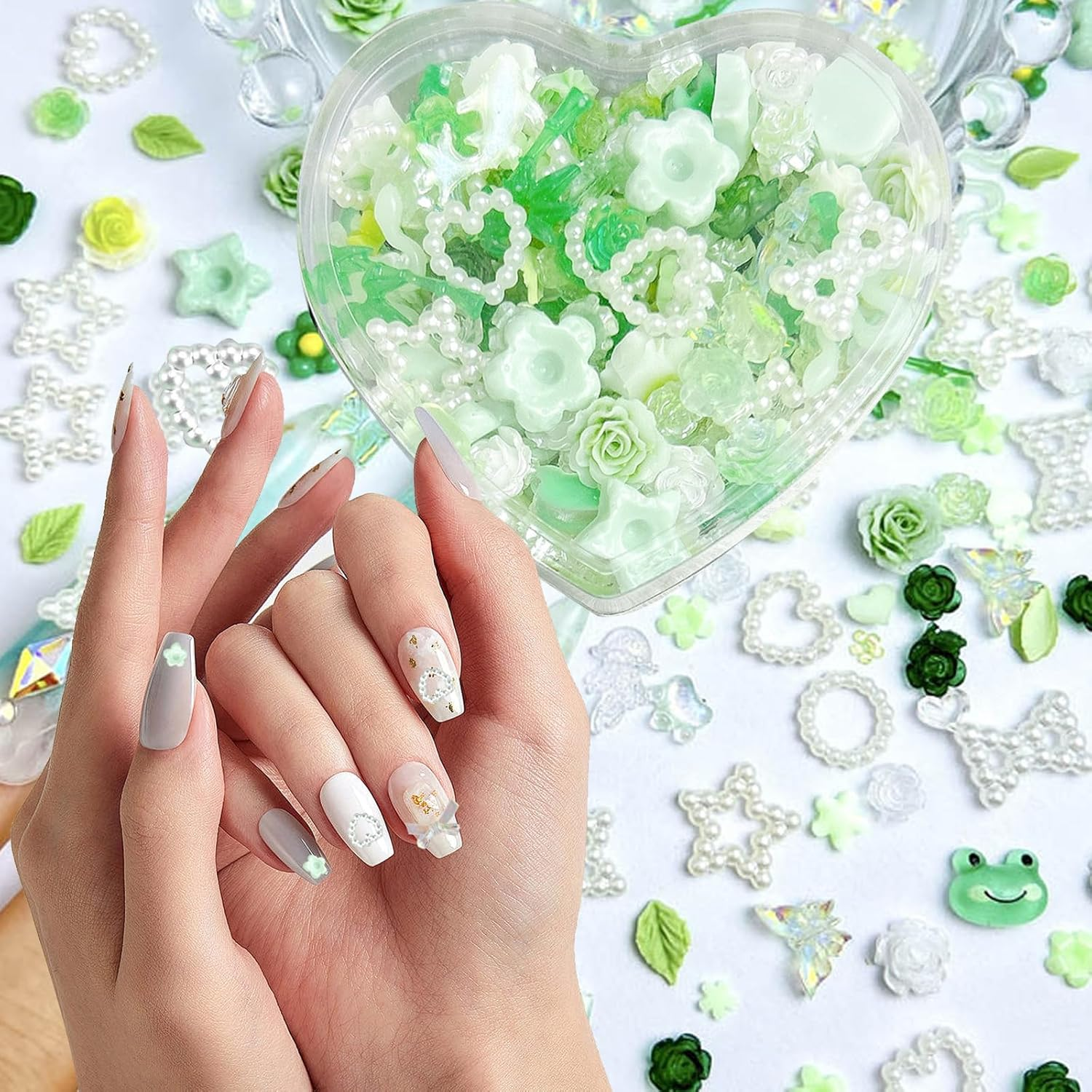 1 Pack Green Nail Charms,Resin Hearts Charms,Jade Nails Charm,Assorted Nail Decorate Include Pearl Love Star Camellia Bamboo,Spring Flower Bow Charm for Nails Decoration,Green Assorted 3D Nail Supplies image number 1