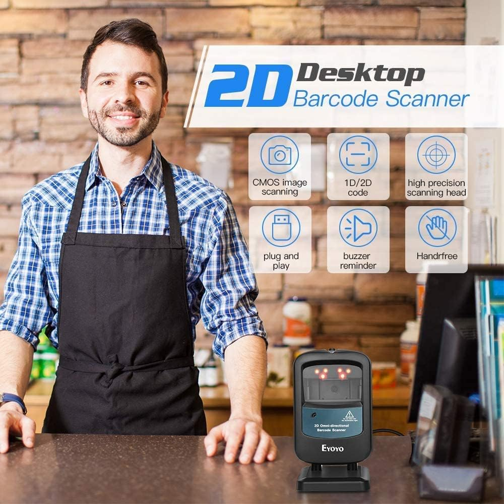 Eyoyo 2D Hands-Free Barcode Scanner, Omnidirectional USB Wired Desktop Barcode Reader 1D 2D PDF417 Data Matrix Bar Code Reader with Automatically Scanning for Retail Store Supermarket Mall Business image number 5