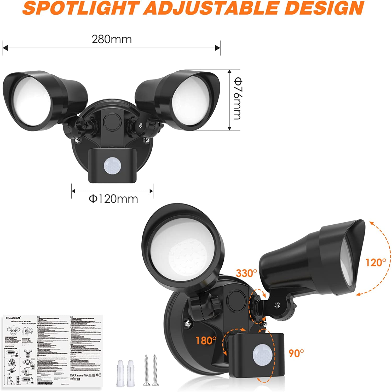 ALUSSO 25W LED Outdoor Security Light with Motion Sensor, PIR Light IP54 Waterproof outside Floodlight,3000K 4000K 6500K 3 Colors Adjustment,Suitable for Porch, Garage, Courtyard image number 5