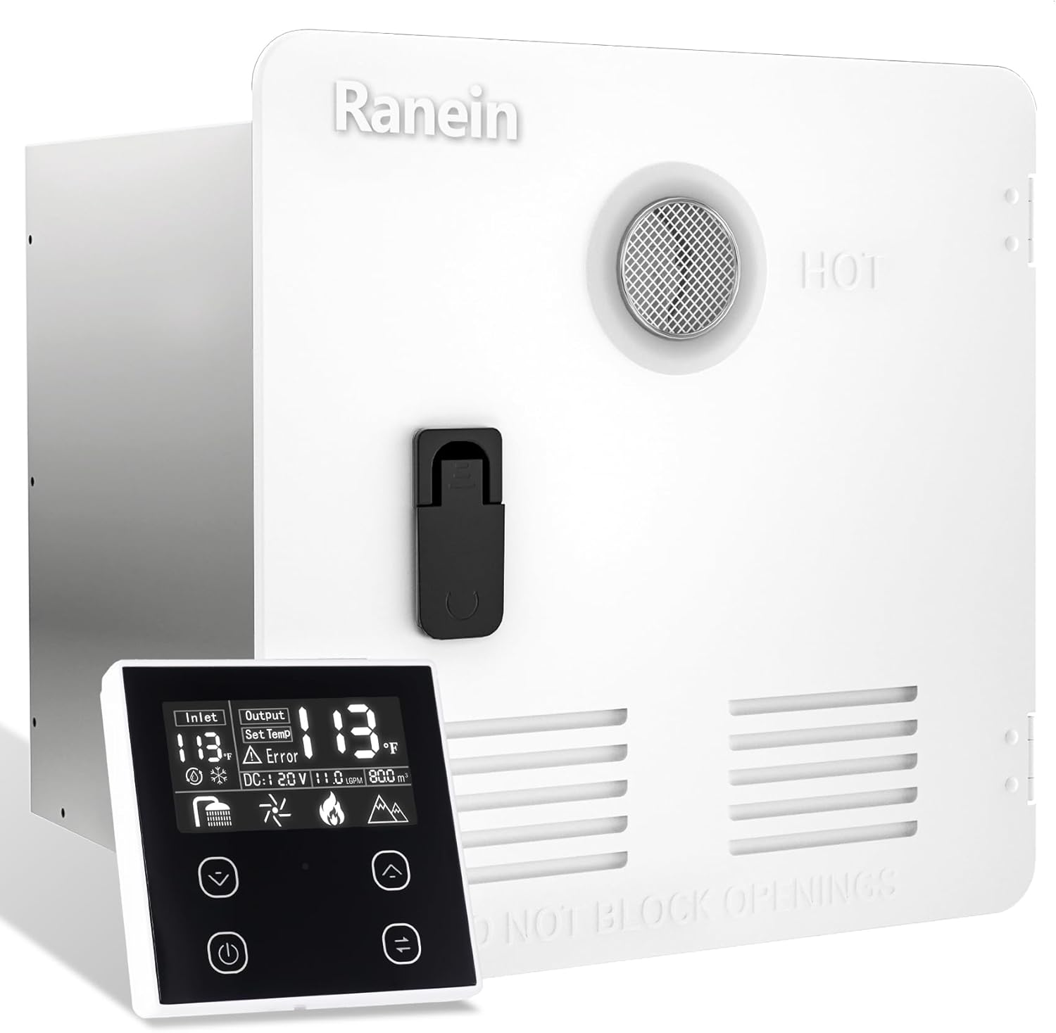 Ranein 65,000 BTU RV Tankless Water Heater, Updated Version, Max 3.9 GPM, with Whtie Door and External Shower, on Demand Instant Hot Water Heater, Start/Stop Thermostat, Compatible with All Rvs