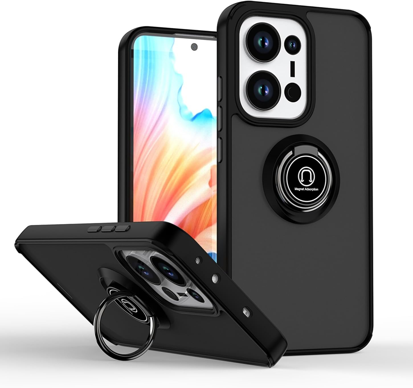 ILING Mobile Phone Case for Oppo Reno 13 5G, Ultra Thin Shockproof Translucent Matte Hard PC Back Case, Soft Silicone TPU Bumper Protective Case with Ring Stand (Black)