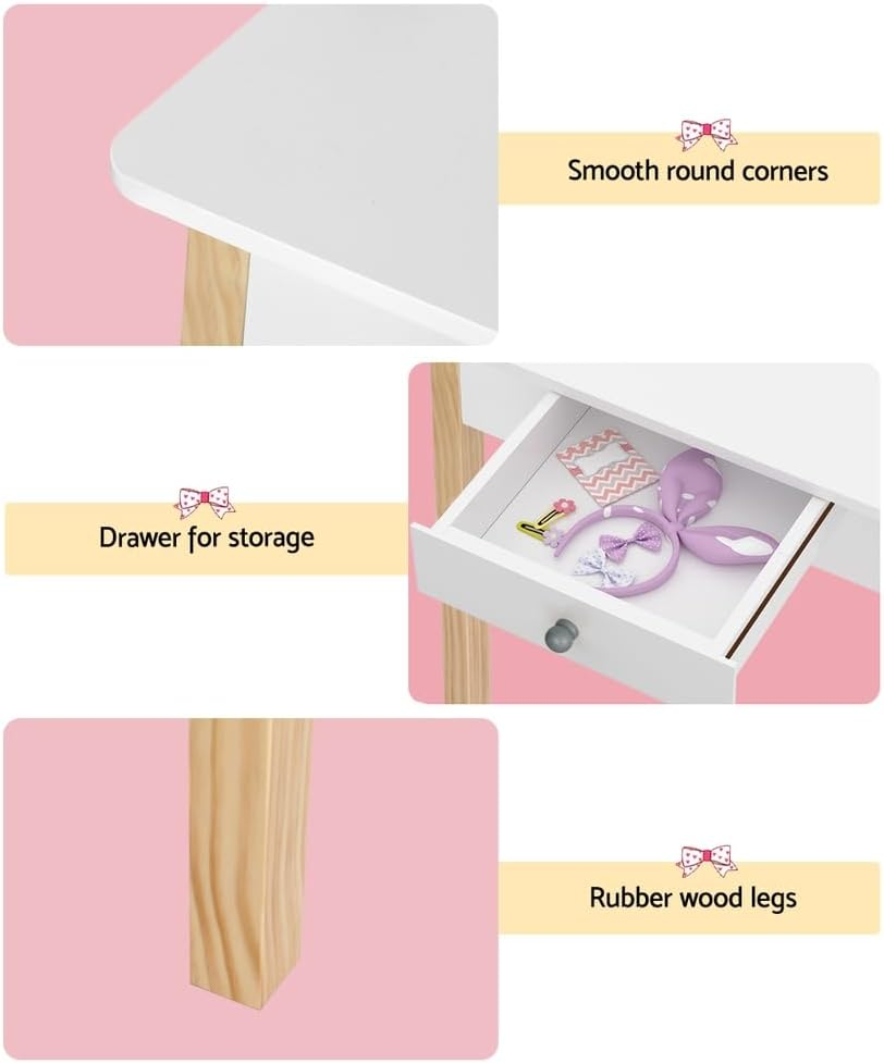 Keezi Kids Vanity Dressing Table Stool Set with Mirror Drawer, 2 in 1 Children Dresser Makeup Desk Chair for Girls Bedroom Furniture, MDF Board Smooth Surface with 4 Wooden Legs White image number 6