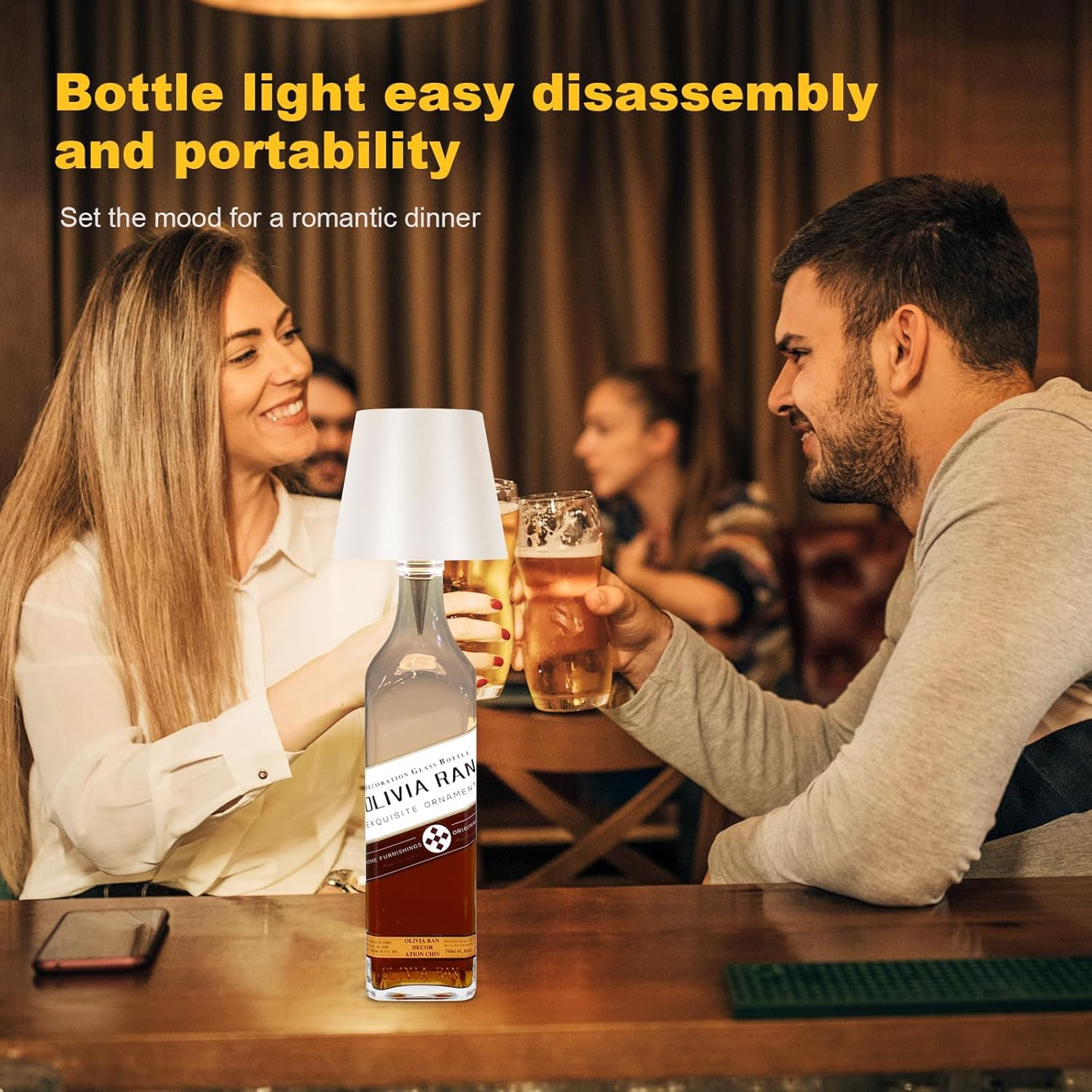 Wireless Bottle Lamp 2000Mah, Touch Table Light with 3 Color Stepless Dimming, Rechargeable Atmosphere Touch Lamp for Bars, Cafes, Restaurants, Bedrooms, Outdoor Environments (White, 1Pcs)