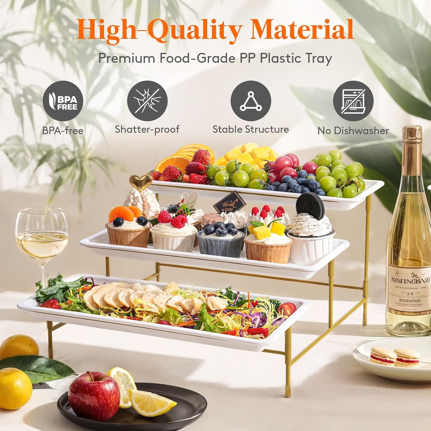 Lifewit 3 Tiered Plastic Serving Tray for Party Entertaining, 36&times;17Cm Serving Food Display Platters, Reusable Trays with Collapsible Stable Metal Stand for Veggie, Fruit, Cookies, Dessert, Gold - Black image number 4