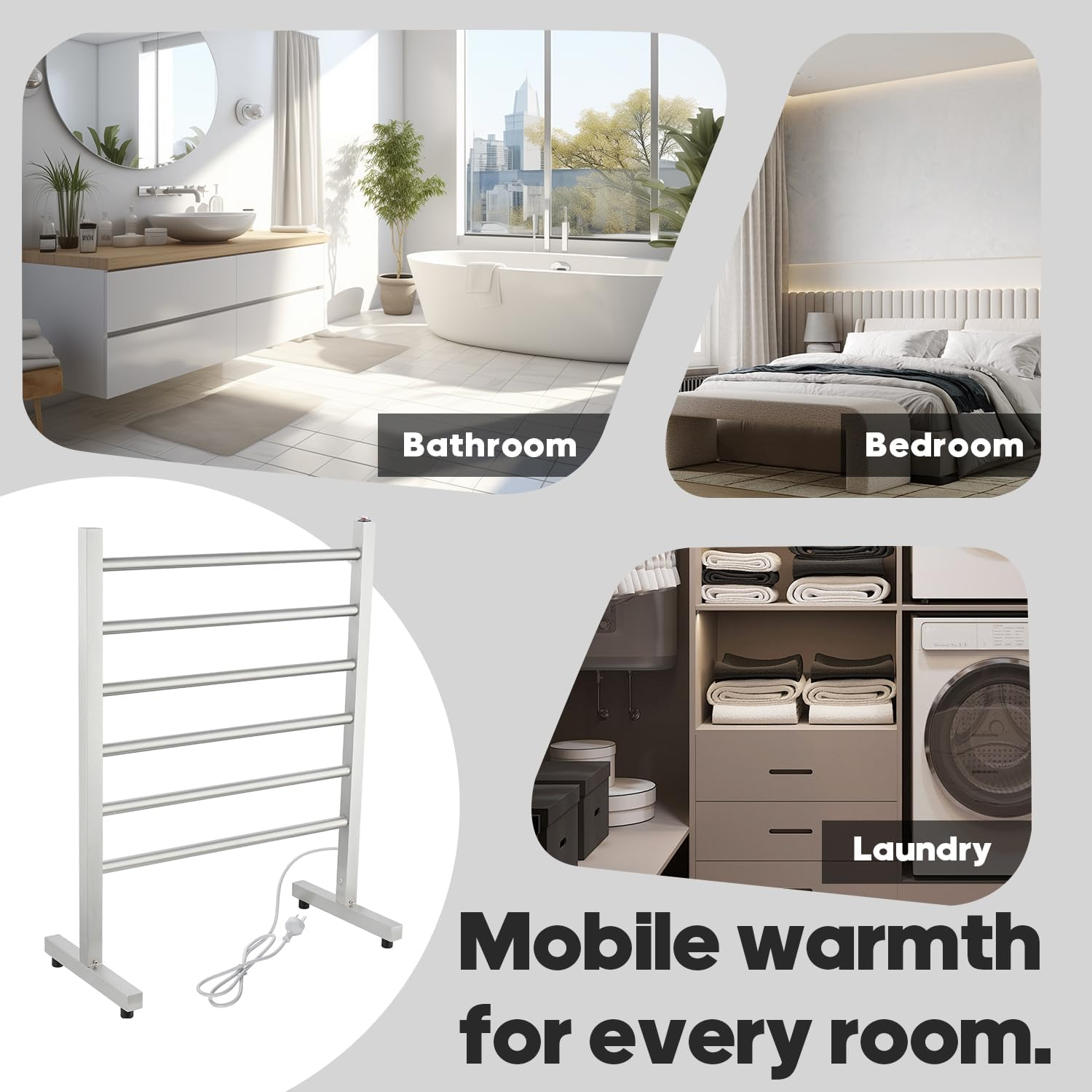 Decaura 6-Bar Freestanding Heated Towel Rail, Electric Towel Warmer with Square Tube Design, IP55 Waterproof, Stainless Steel, 600Wx795Hx300D Mm image number 6