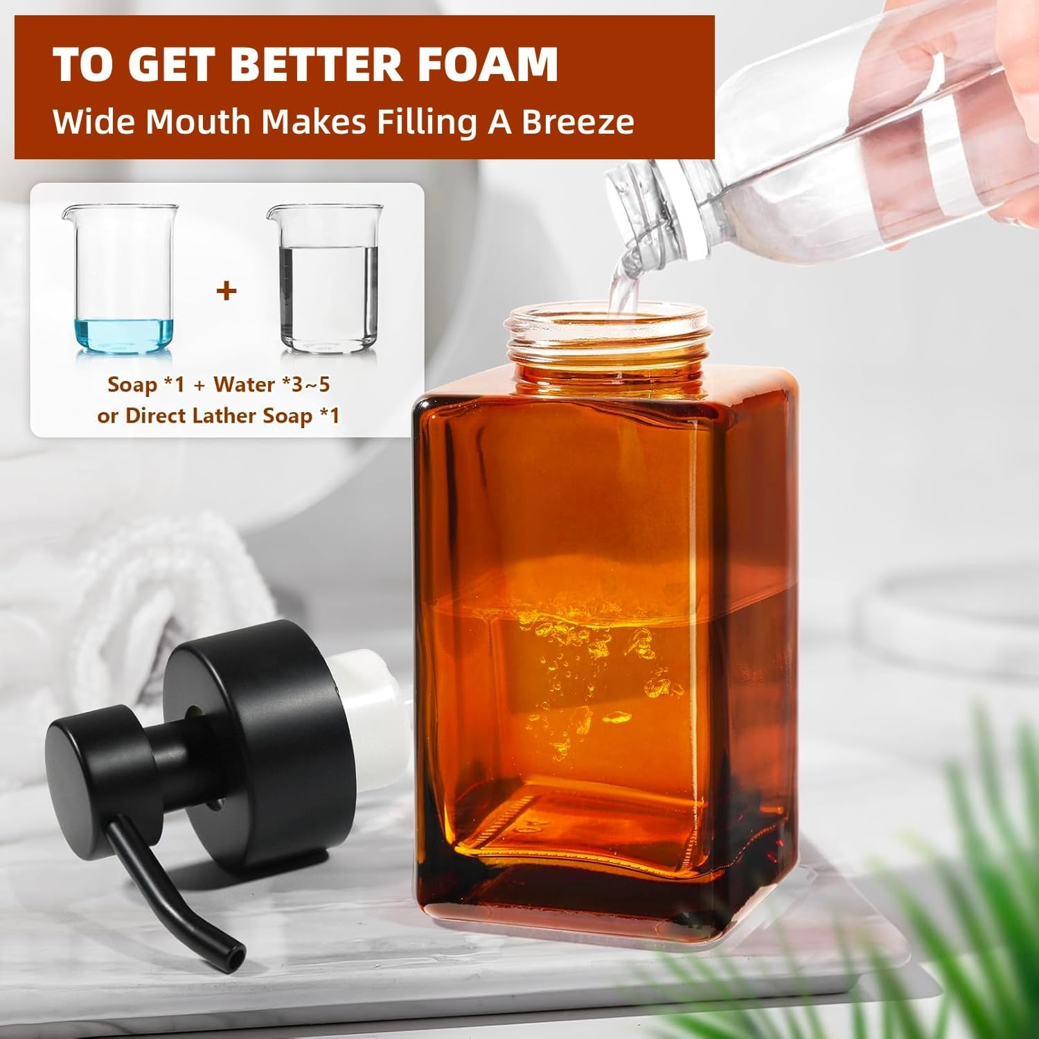 2Pcs Refillable Foam Soap Dispenser with Foaming Pump ，12Oz/350Ml Glass Foaming Hand Soap Dispenser Set，With Foaming Pump for Bathroom, Kitchen (Amber) - Amber image number 4