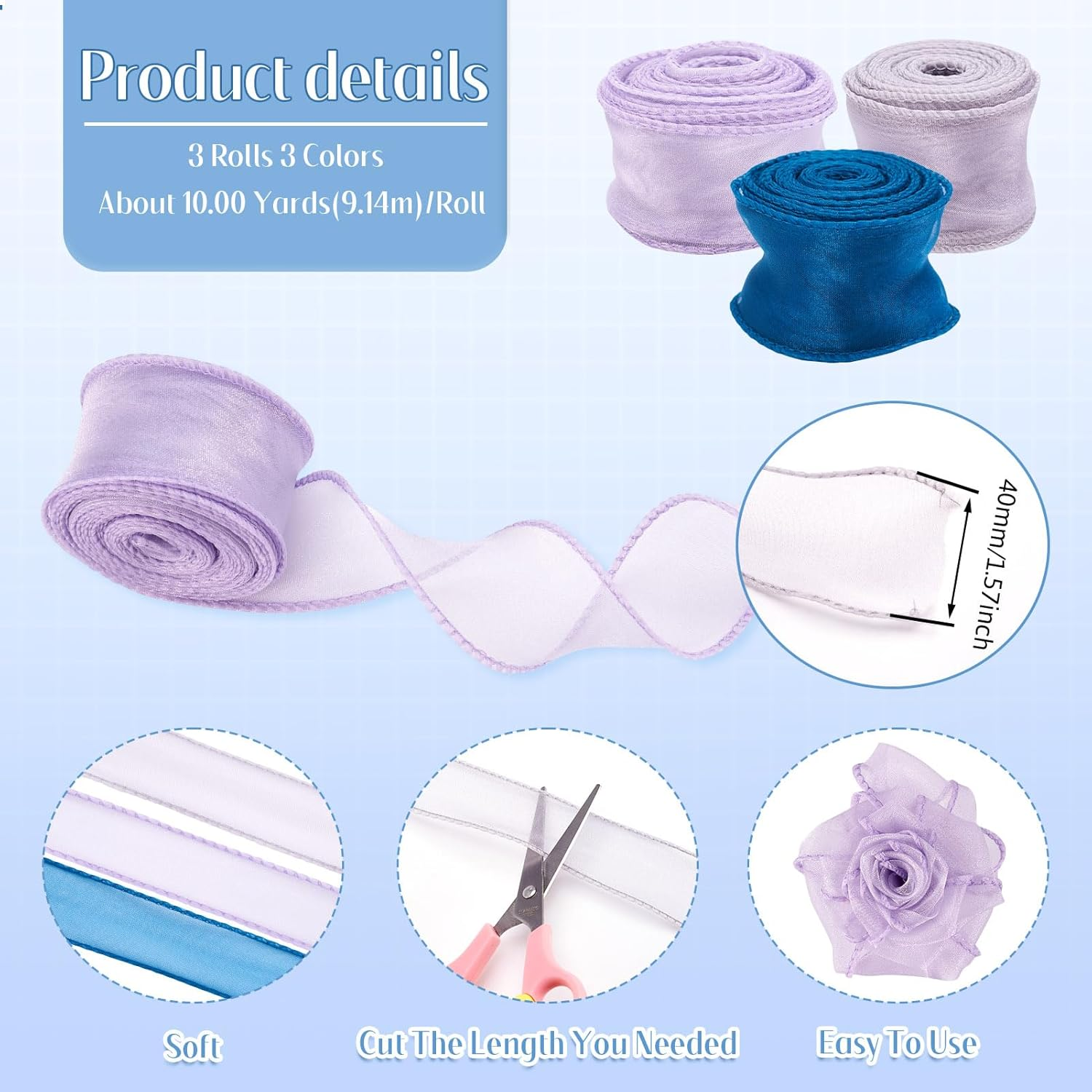 Crafans 3 Rolls 40MM Organza Chiffon Ribbons Shimmer Sheer Gift Wrapper Ribbons for Bouquet Wedding Bows Party Decoration