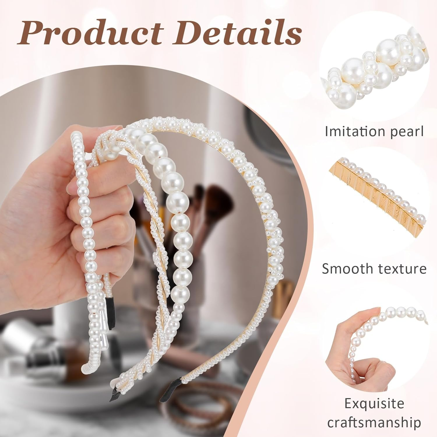 4 Pack Pearl Headband White Gold Girl Pearl Headbands Metal Thin Head Band, Artificial Pearls Headpiece Hair Accessories for Women Girls, Bridal Wedding Party Hair Hoop image number 1