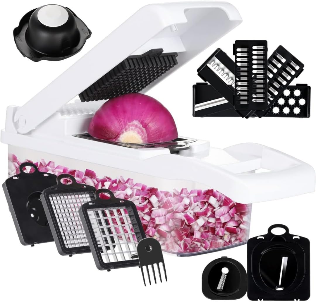 MS. KUKI Vegetable Chopper 12 in 1 Multifunctional Veggie Mandoline Slicer Cutter Food Dicer with Container Hand Guard Draining Basket Stainless Steel Blades for Onion Potato Carrot - White (Grey)