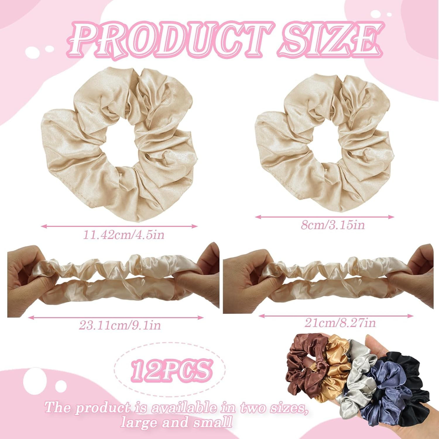 12 Pack Satin Scrunchies for Women - Soft Hair Ties, No-Damage Ponytail Holders with Elastic Band - Gentle Hair Accessories for Thick/Thin/Curly Hair (6 Colors, 2 Sizes per Set) image number 2