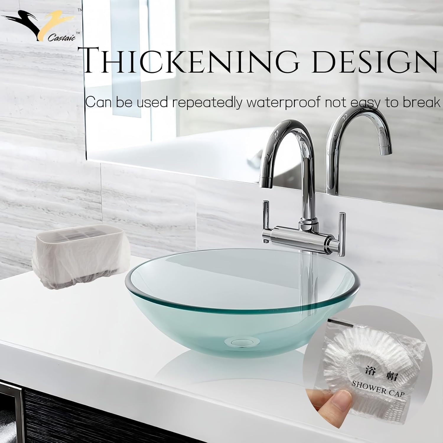 Castaic 100 Pcs Disposable Shower Caps,Larger and Thicker Waterproof Shower Caps for Women Spa, Home Use, Hotel and Hair Salon, Travel (White-44Cm) image number 4