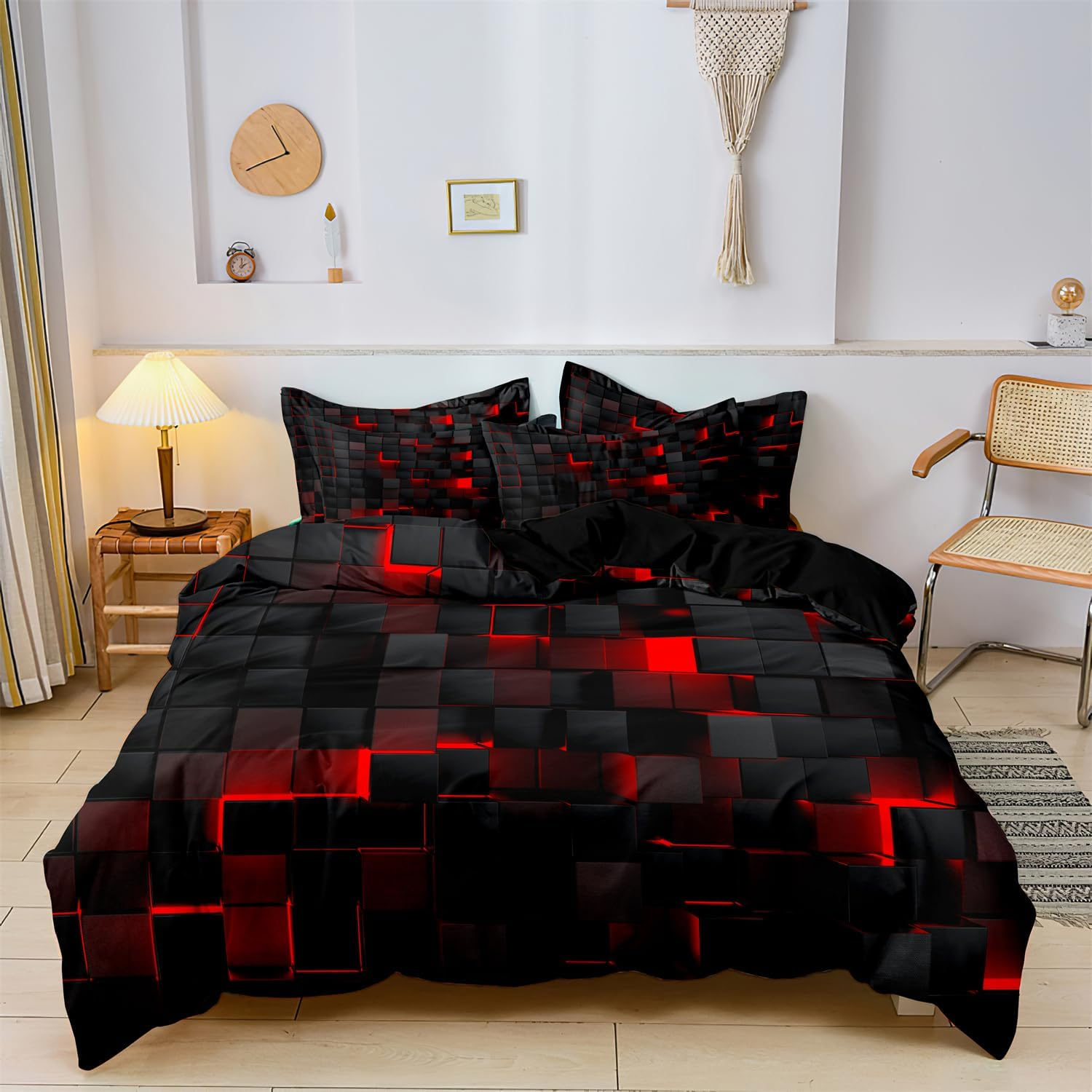 Checkered Duvet Cover Set Twin Size, Red and Blue Grid Printed Quilt Personalized Geometric Square Grid Bedding Set Modern Abstract Check Quilt Cover for All Season (1 Duvet Cover + 2 Pillowcase)