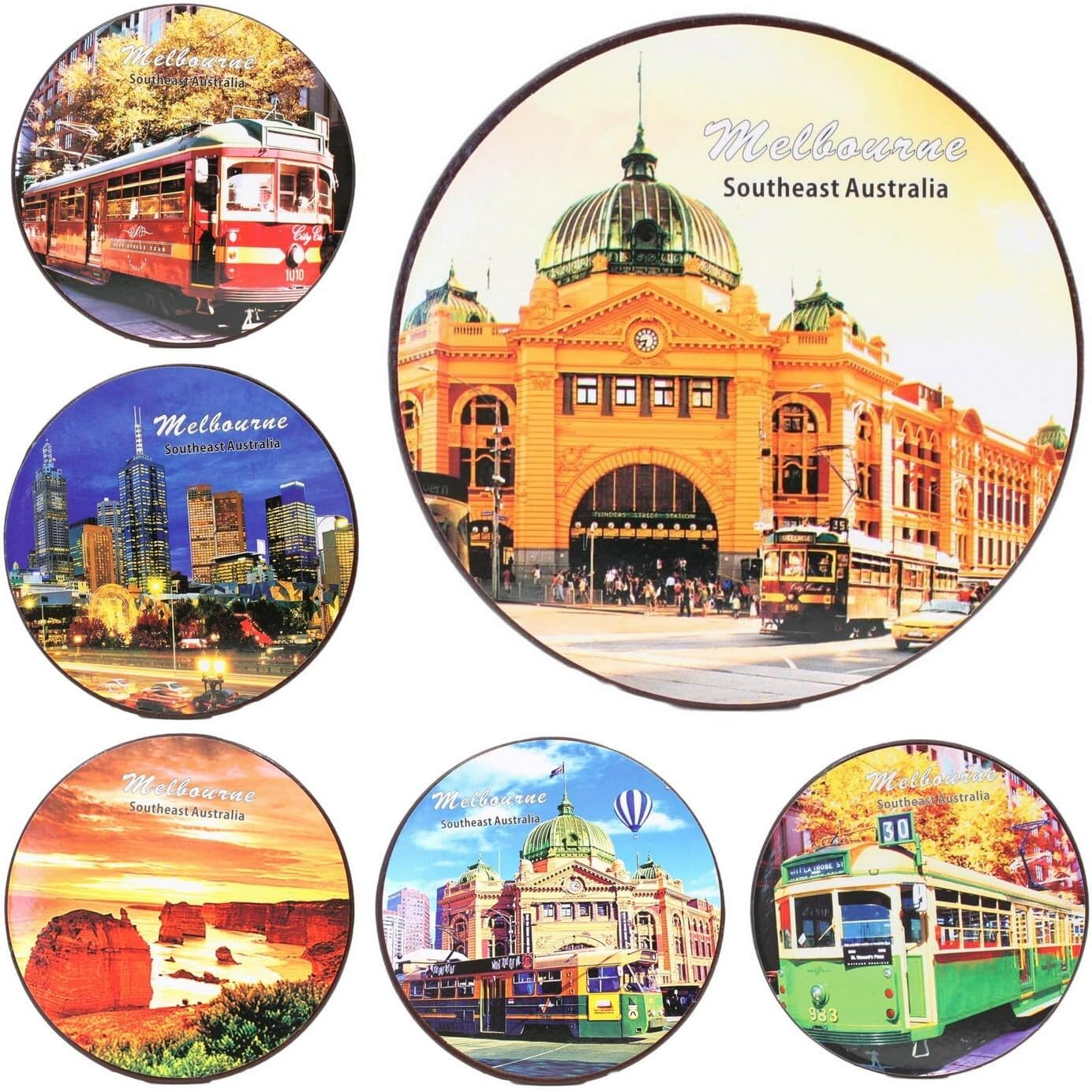 FIL 6X Australian Souvenir Cork Back Coaster Drink Cup Pad round Australia Gift [Design: Melbourne]