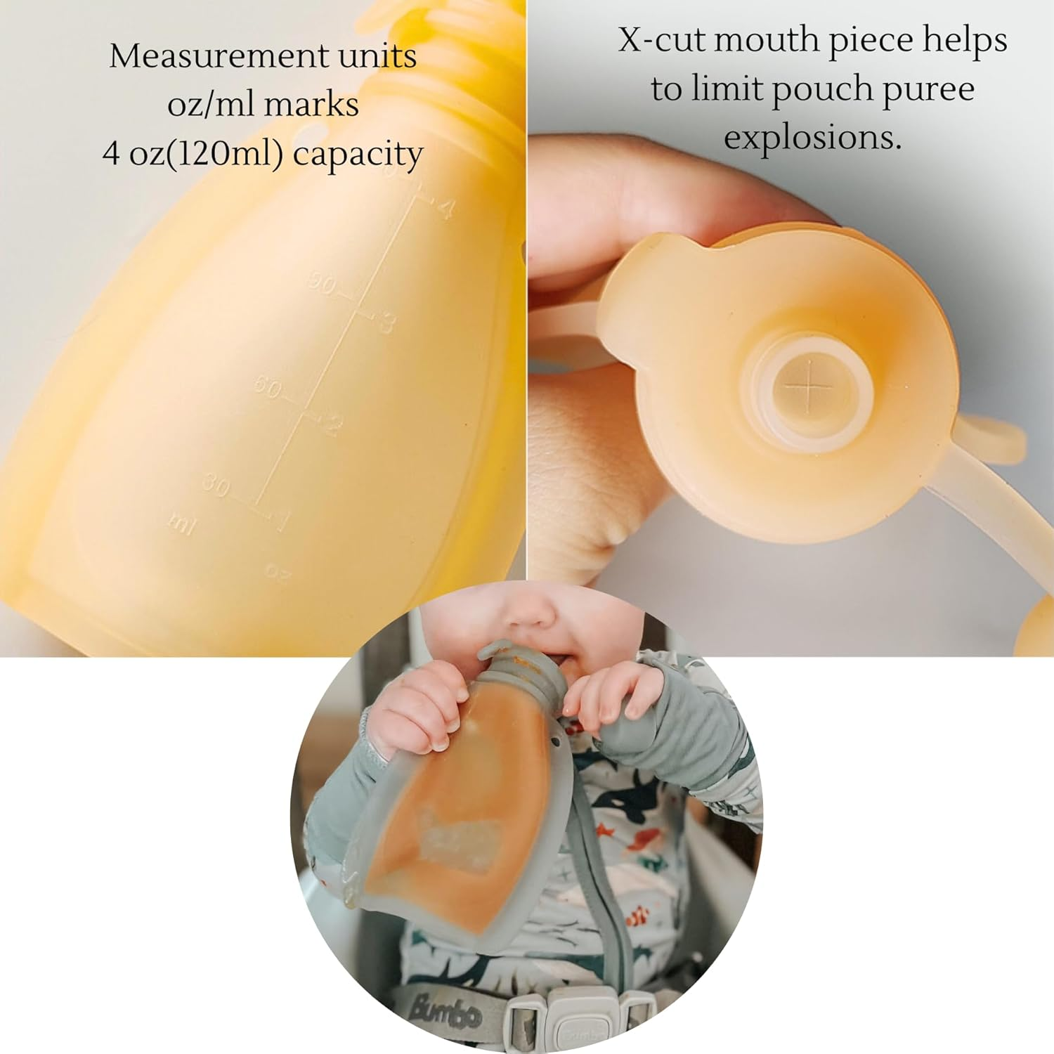 Reusable Silicone Food Pouch for Baby and Toddlers, Squeezable Pouch, Squeeze Pouch, Easy Clean Silicone Pouch for Pre-K and School, Homemade Baby Food Storage, 4Oz (White 2 Pack) image number 2