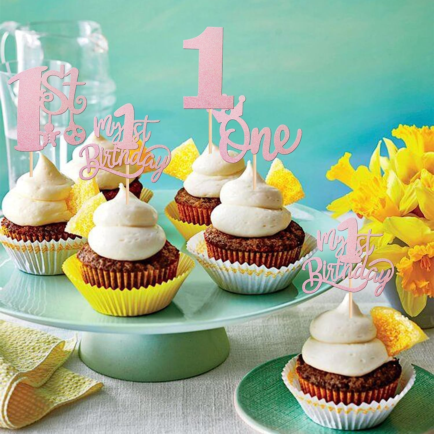 SYKYCTCY 24 Pack One Birthday Cupcake Toppers Glitter Happy 1St Birthday Cupcake Picks Crown Happy Birthday Cake Decorations for First Baby Shower Anniversary Party Supplies (Pink) image number 2