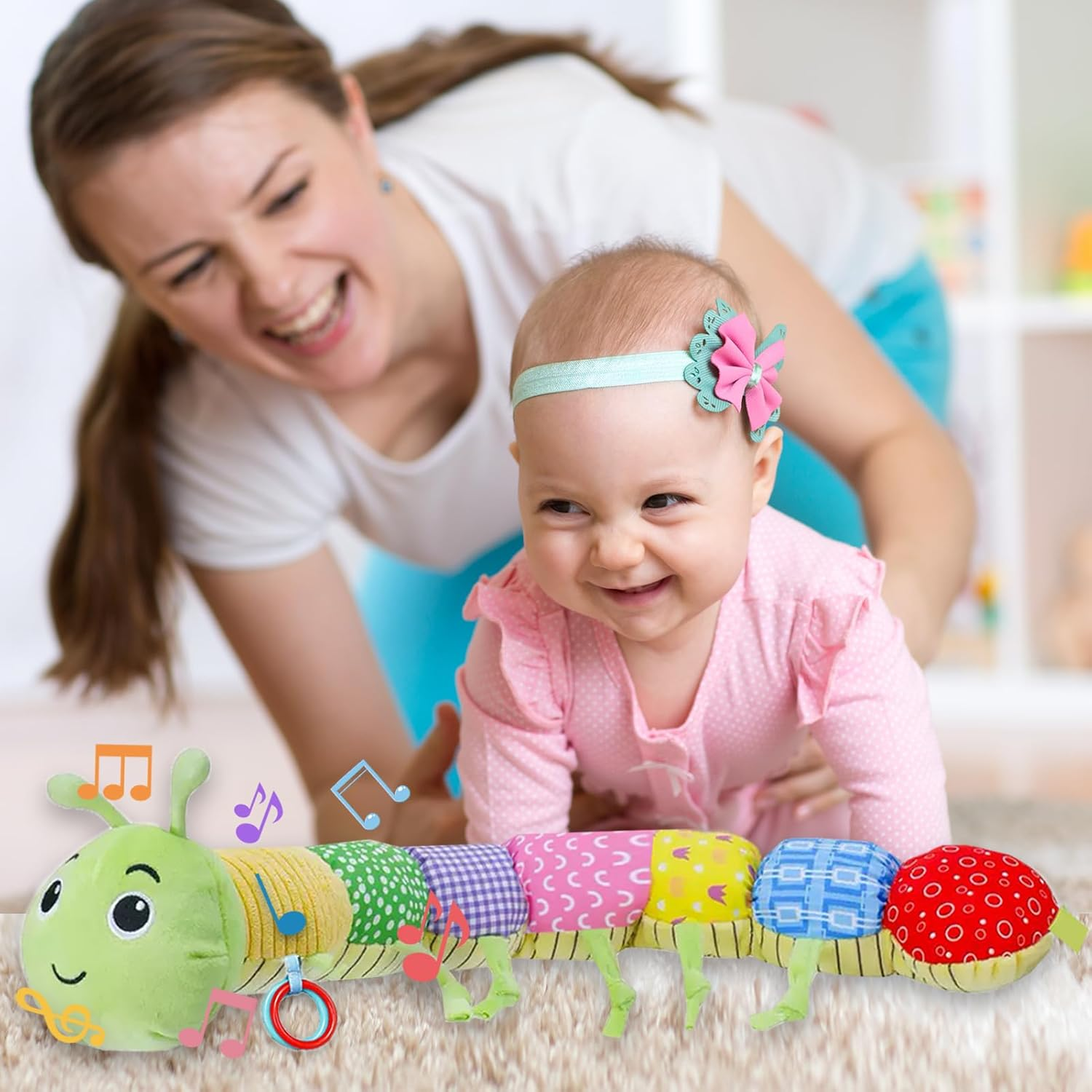 Baby Sensory Toy 0-6 Months Tummy Time Musical Stuffed Animal Caterpillar Toy with Baby Mirror Crinkle Rattle and Rattles for Infants 6-9-12 Months Newborn Girls Boys Baby Gift image number 6