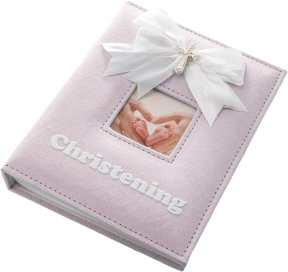 Haysom Interiors White Faux-Silk Bow and Silver Plated Cross Christening Photo Album in Pink by Happy Homewares Pink