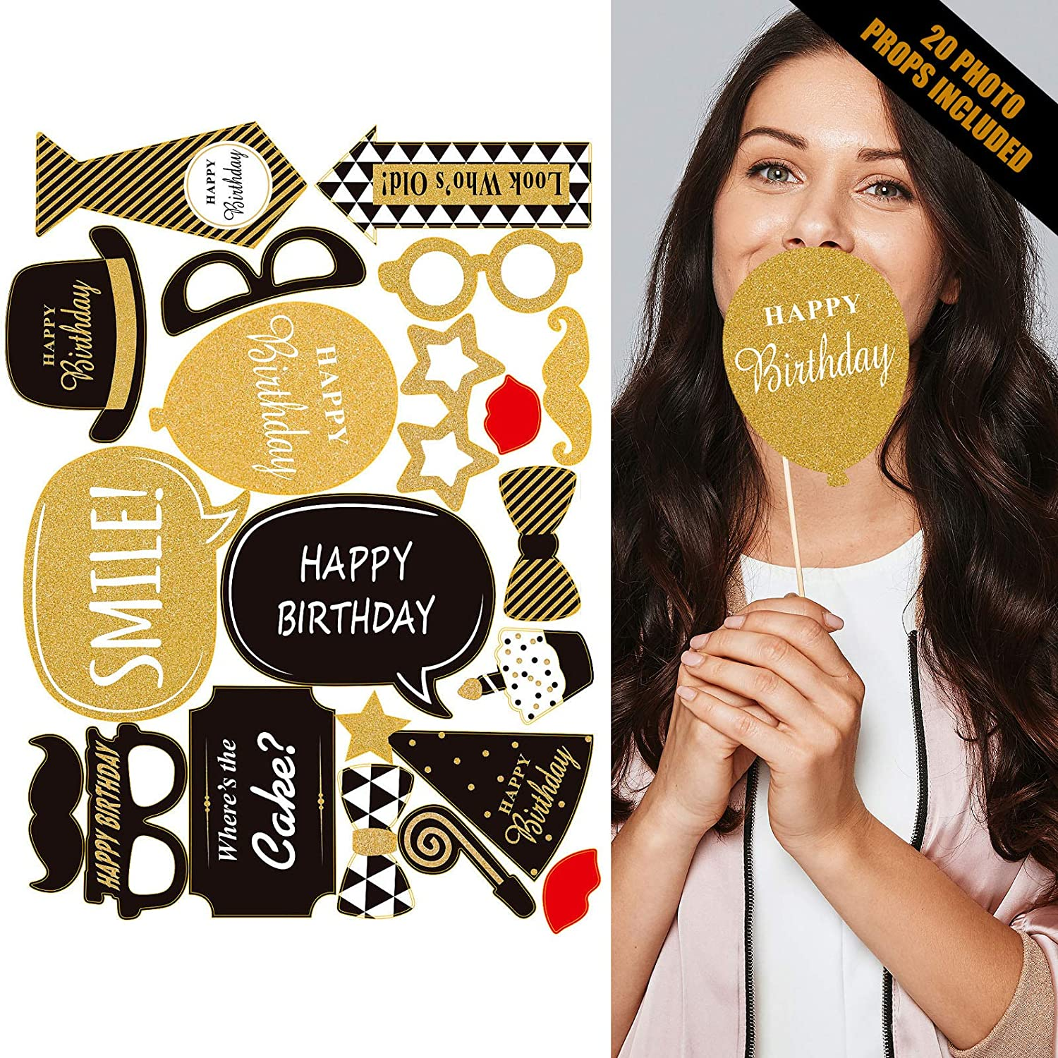 40Th Birthday Decorations - Black & Gold Party Supplies for Him & Her, Including Banner, Curtain, Tablecloth, Photo Props, Foil Balloons, Sash image number 3