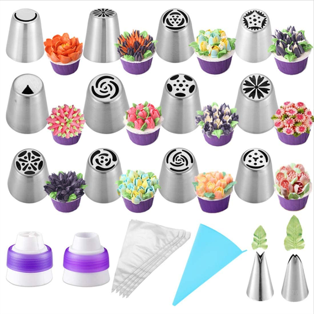 27-Pcs Russian Piping Tips Cake Decorating Supplies DIY Baking Supplies Set for Cupcake Cookies Birthday Party-12 Russian Nozzle 2 Leaf Piping Tips 2 Coverter 1 Pastry image number 6