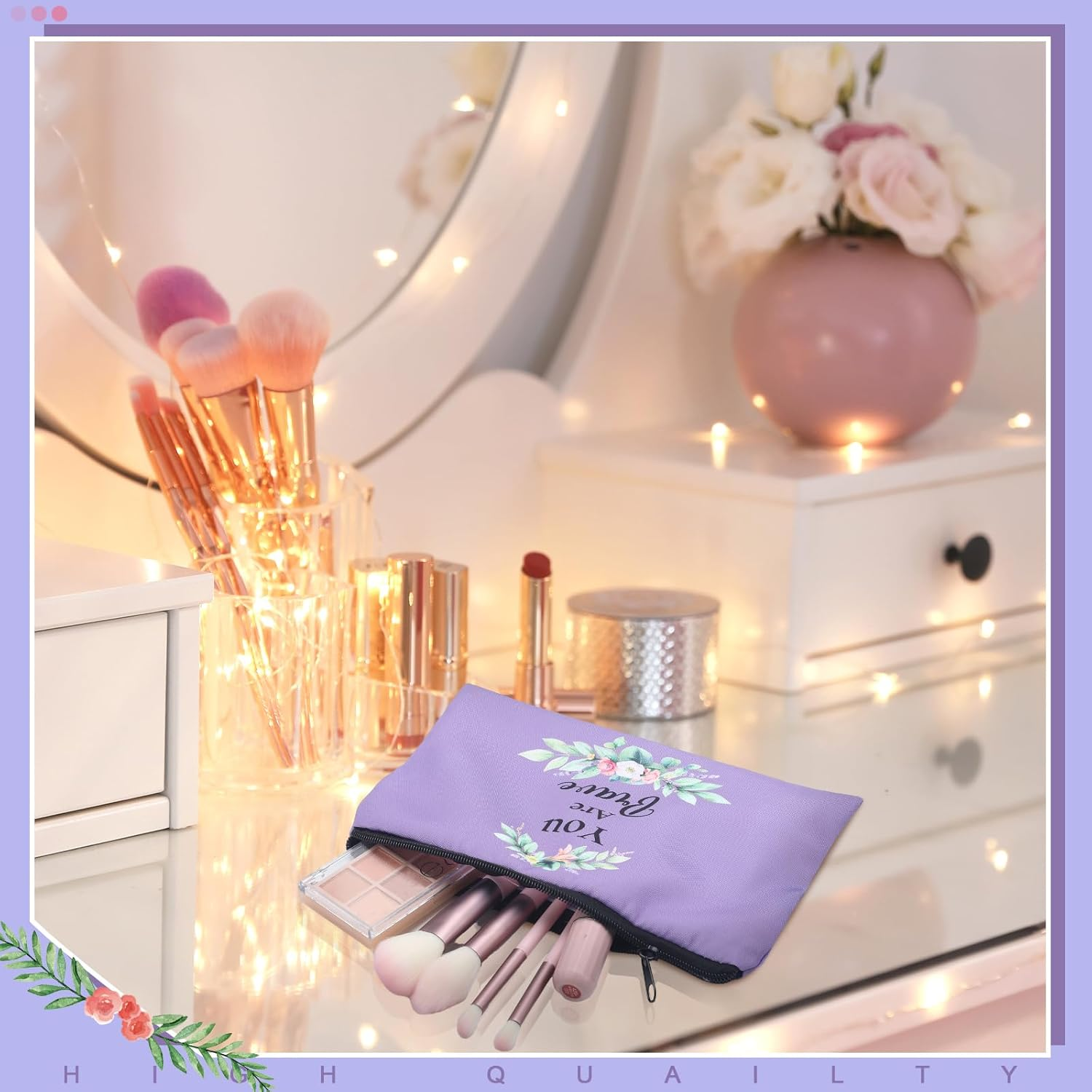 Hillban 10 Pcs Inspirational Makeup Bags for Women Bulk Cosmetic Bags Christian Bible Verse Cosmetic Pouch for Valentine'S Day Galentine'S Day Gift Religious Church Travel Pouch(Flower,Purple) - Beige image number 6