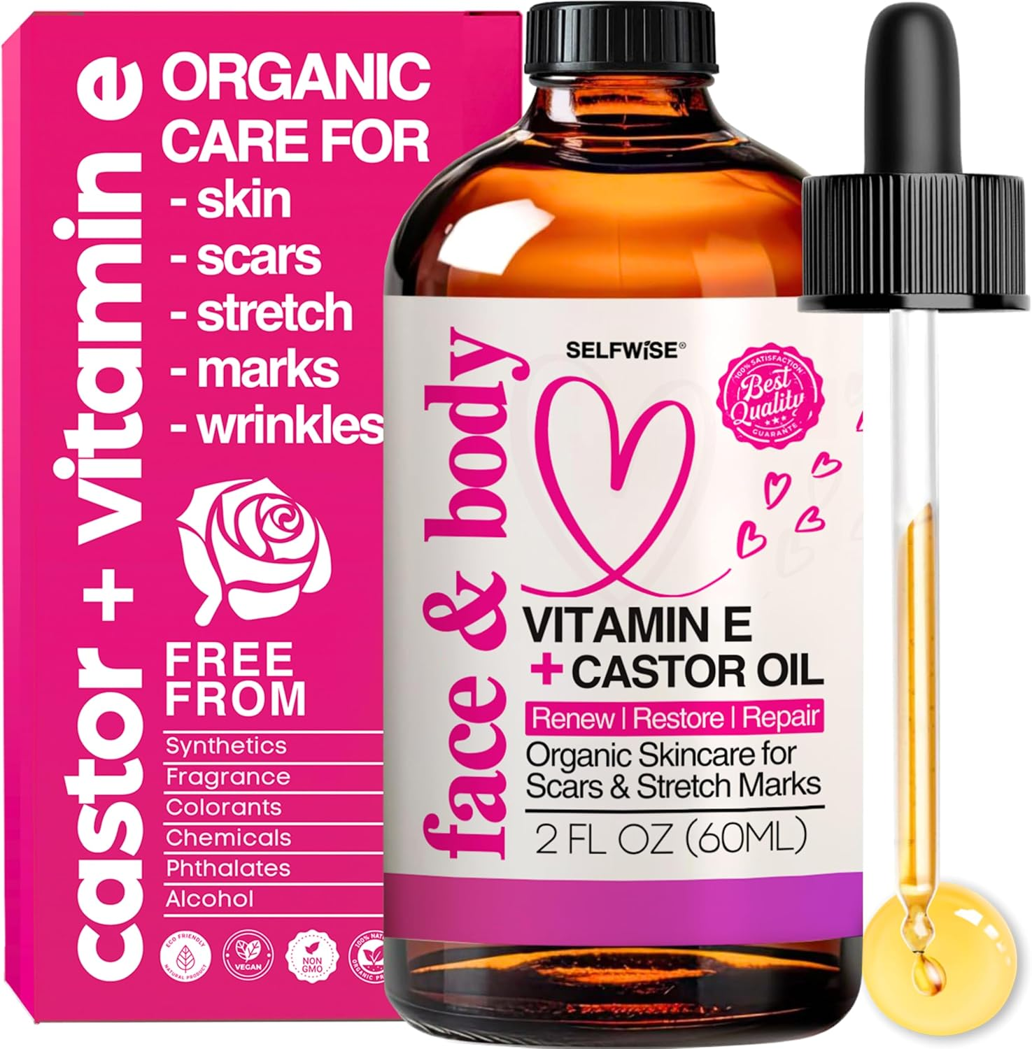Organic Castor Oil with Vitamin E Face & Body Oil - 12-In-1 Fast Absorbing Multi-Purpose Moisturizing Elixir for Skin, Scars, Stretch Marks & Wrinkles. Cold Pressed, Hexane-Free, All Skin Types