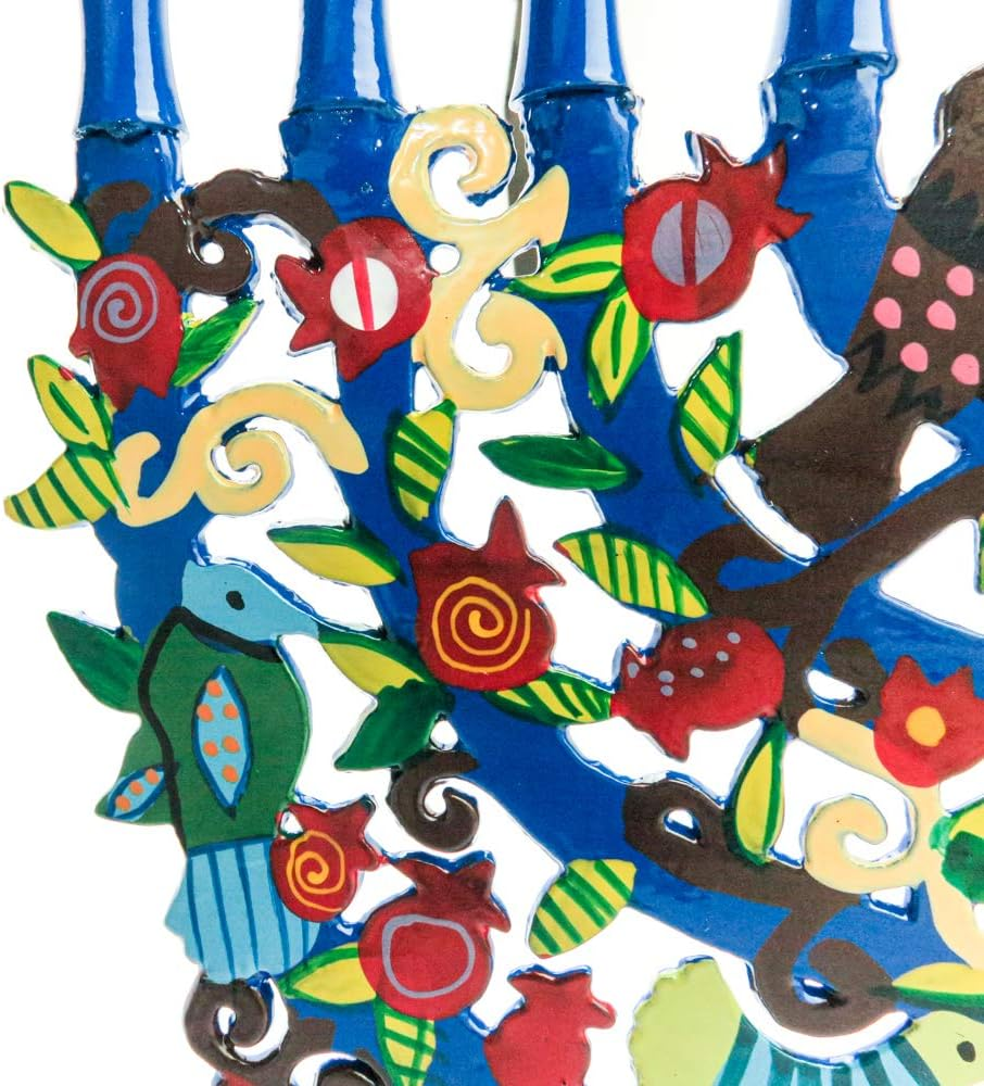 Yair Emanuel Large Blue Menorah with a Tree Design and Birds in Lazer-Cut Metal