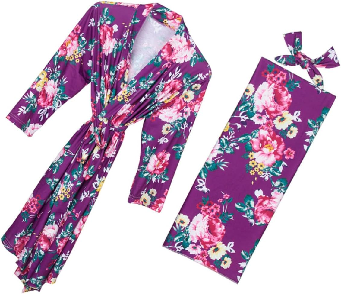 FOMIYES 3Pcs Maternity Robe for Women with Blanket and Headband Breathable Nursing Nightgown with Elegant Floral Print Comfortable Loose Fit Sleepwear for Postpartum and Pregnancy S
