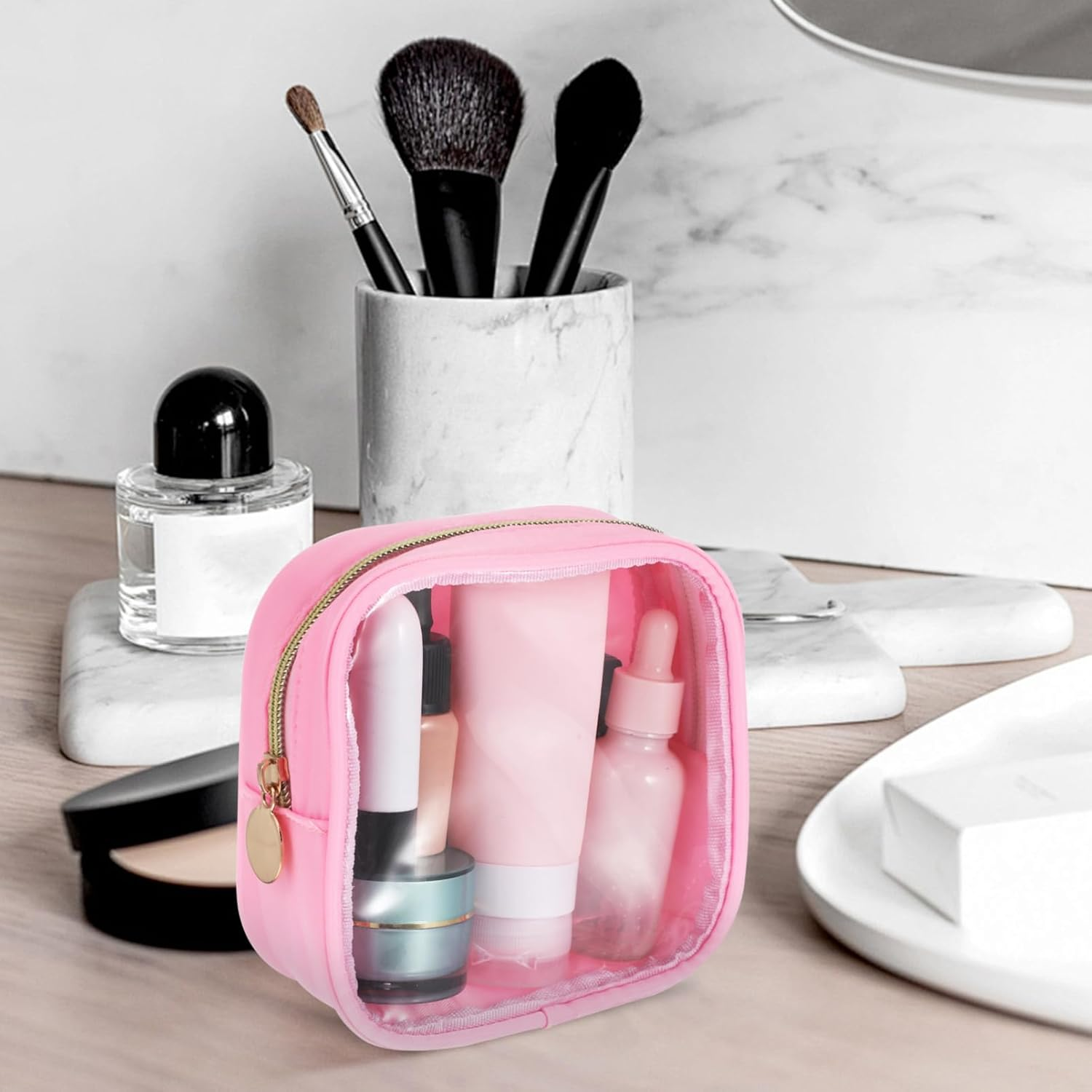 DDPOND Mini Clear Makeup Pouch Zipper Travel Cosmetic Bag for Skincare Earphones Durable Storage with Clear Front for Easy Access Toiletry Bag for Women Men image number 1