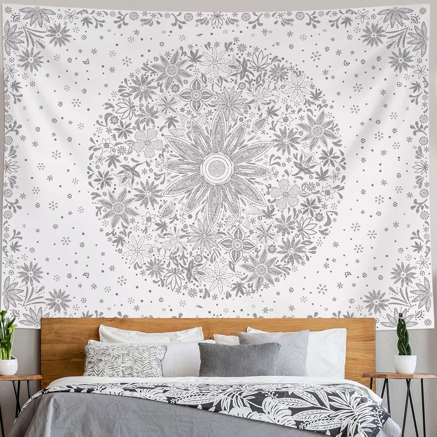 Neasow Bohemian Tapestry Wall Hanging, Black and White Floral Tapestry with Dotted Daisy Medallion Print Bedroom Boho Hippie Home Decor 36&times;48 Inch