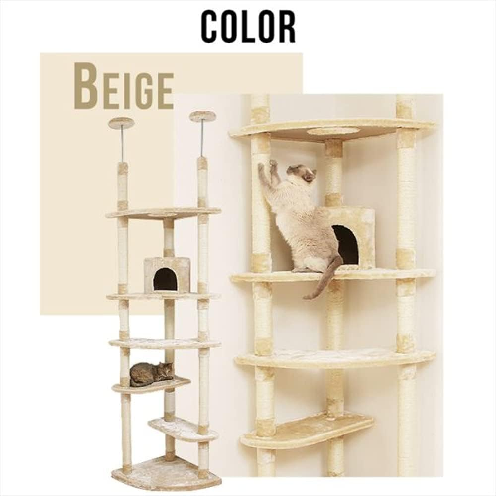 Iris Plaza Cat Tower, Tension Type, W Fixed, Nail Sharpener, Space Saving, with Home, Beige, Height 87.6-98.7 Inches (222-248 Cm) image number 1