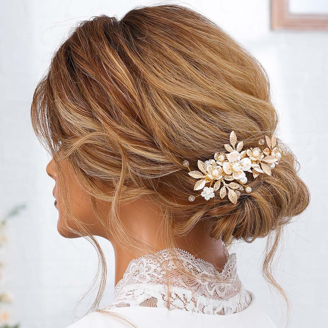 JAKAWIN Gold Hair Clip Bridal Hair Accessories Flower Hair Piece for Women FJ03 (Gold)