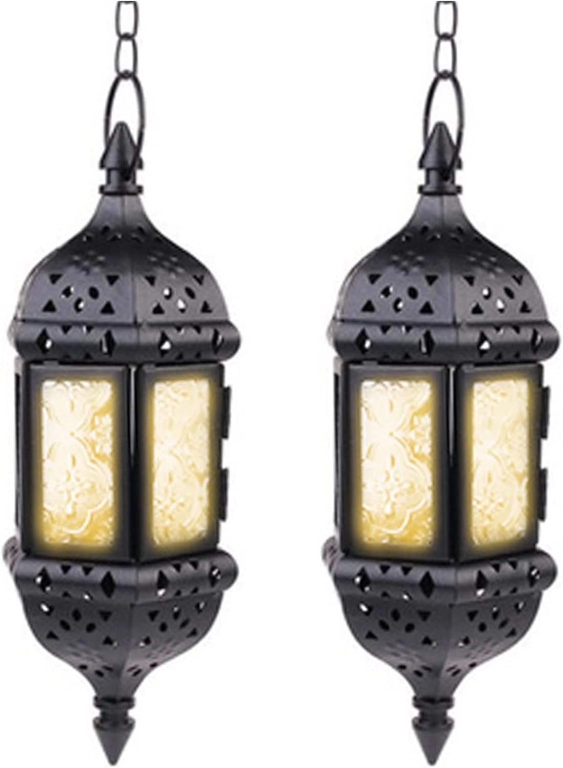 2 Pcs Hanging Hexagon Decorative Moroccan Candle Lantern Holders, Handmade Hanging Tea Light Holder in Bronze Metal & Red & Purple Glass Gift & Decor Items