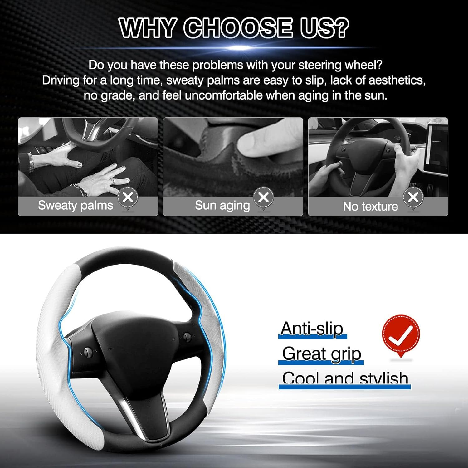 Cozioz Custom-Fit Carbon Fiber Steering Wheel Cover for Tesla Model 3/Y, Anti-Slip, Breathable, Comfortable Grip, Stylish White Design for Men and Women image number 5
