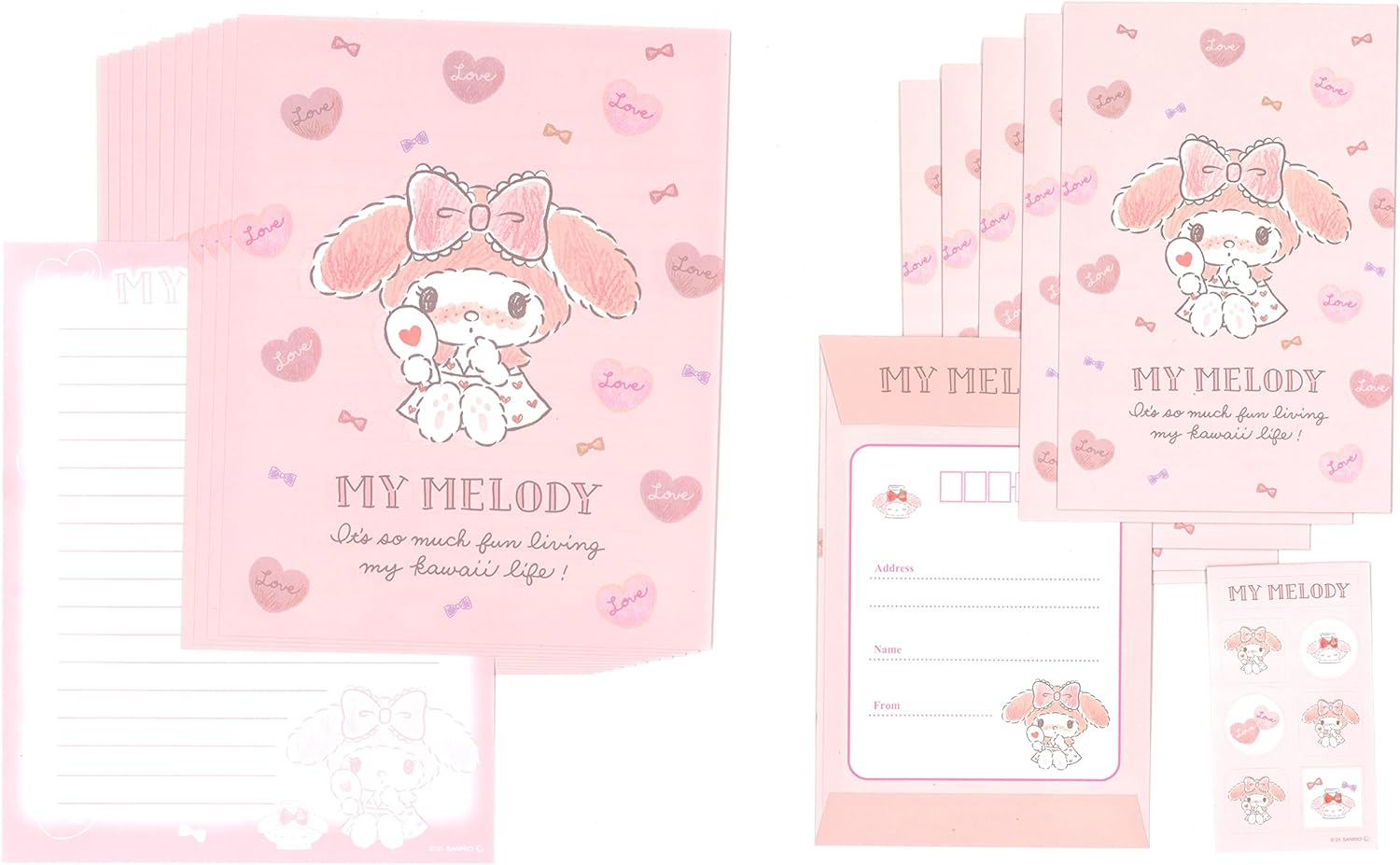 Sanrio My Melody Letter Set 12 Writing Paper + 6 Envelopes + 7 Stickers Stationary Japan (Pink Cosmetics) image number 1