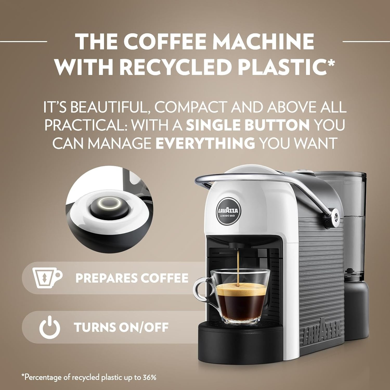 Lavazza, a Modo Mio Jolie EVO, Coffee Capsules Machine Made from 36% Recycled Plastic, with 64 a Modo Mio Coffee Pods, Espresso Intenso and Delizioso, 1250 W, 220&ndash;240 V, 50&ndash;60 Hz, White image number 1
