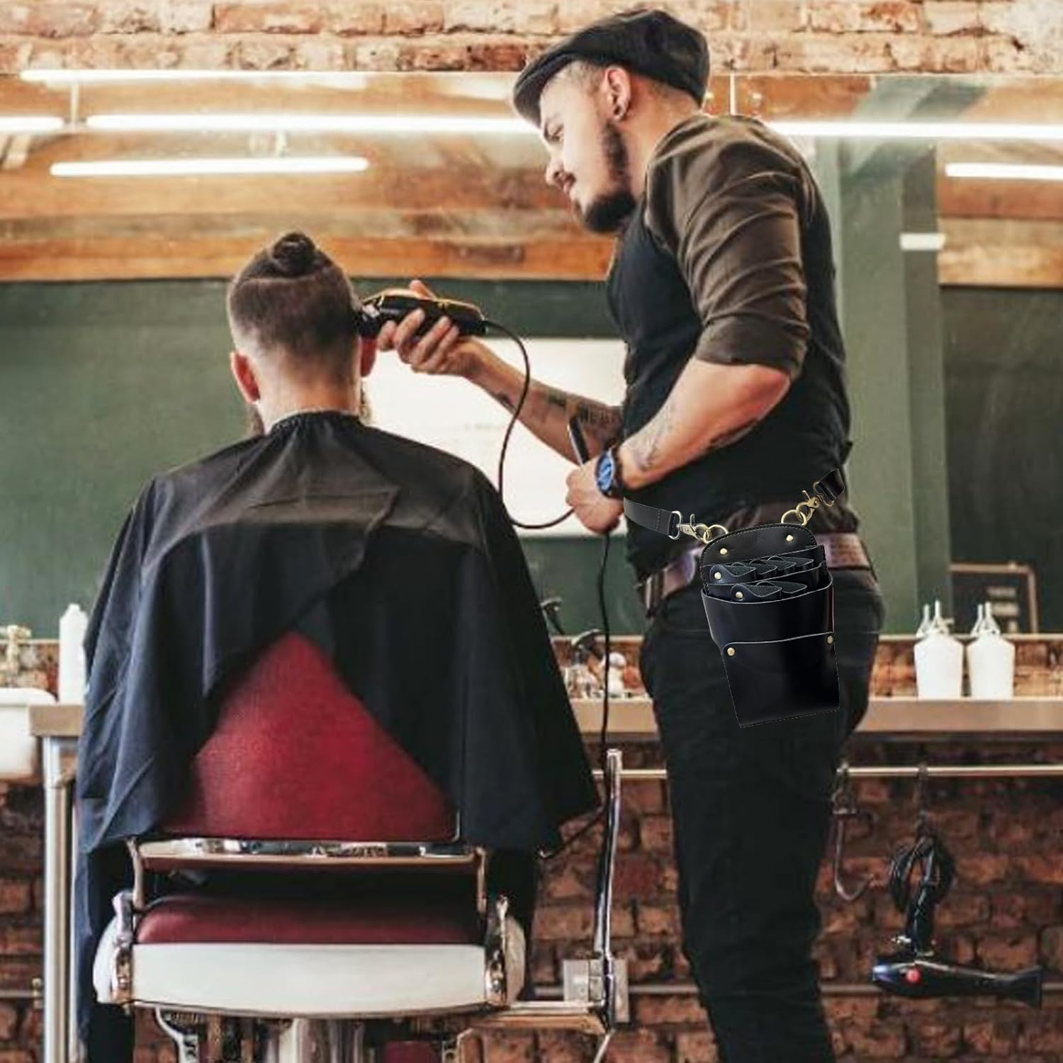 Scissors Bag- Soft Leather Salon Barber Hairdressing Scissor Shears Holster Hair Stylist Tools Bag with Waist Shoulder Belt image number 1