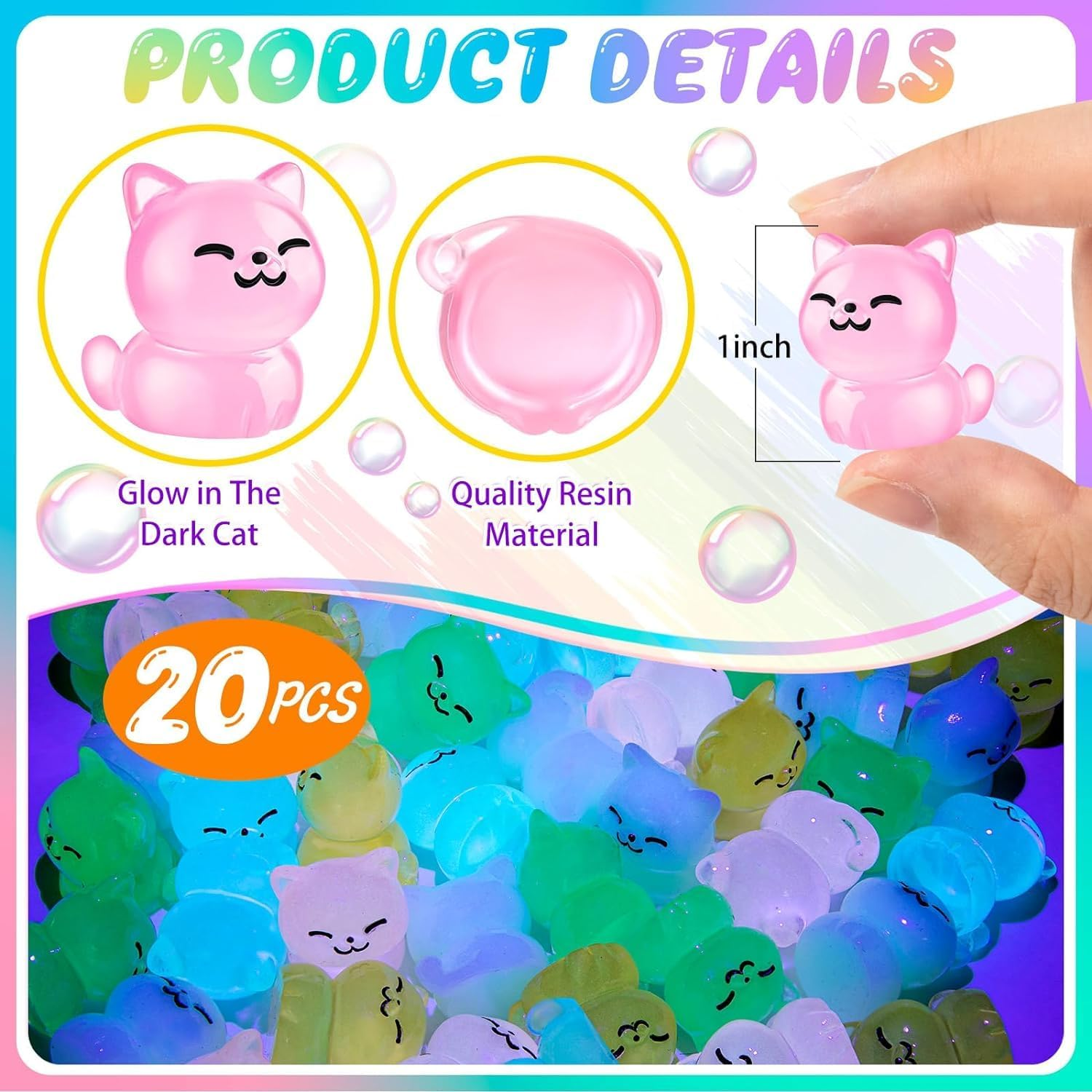 LSLYHTC 20 Pcs Luminous Mini Resin Cat, Miniature Cat Glow in the Dark Tiny Cat Ornament for Garden Landscape Aquarium Dollhouse Birthday Party Room Crafts Decor image number 1