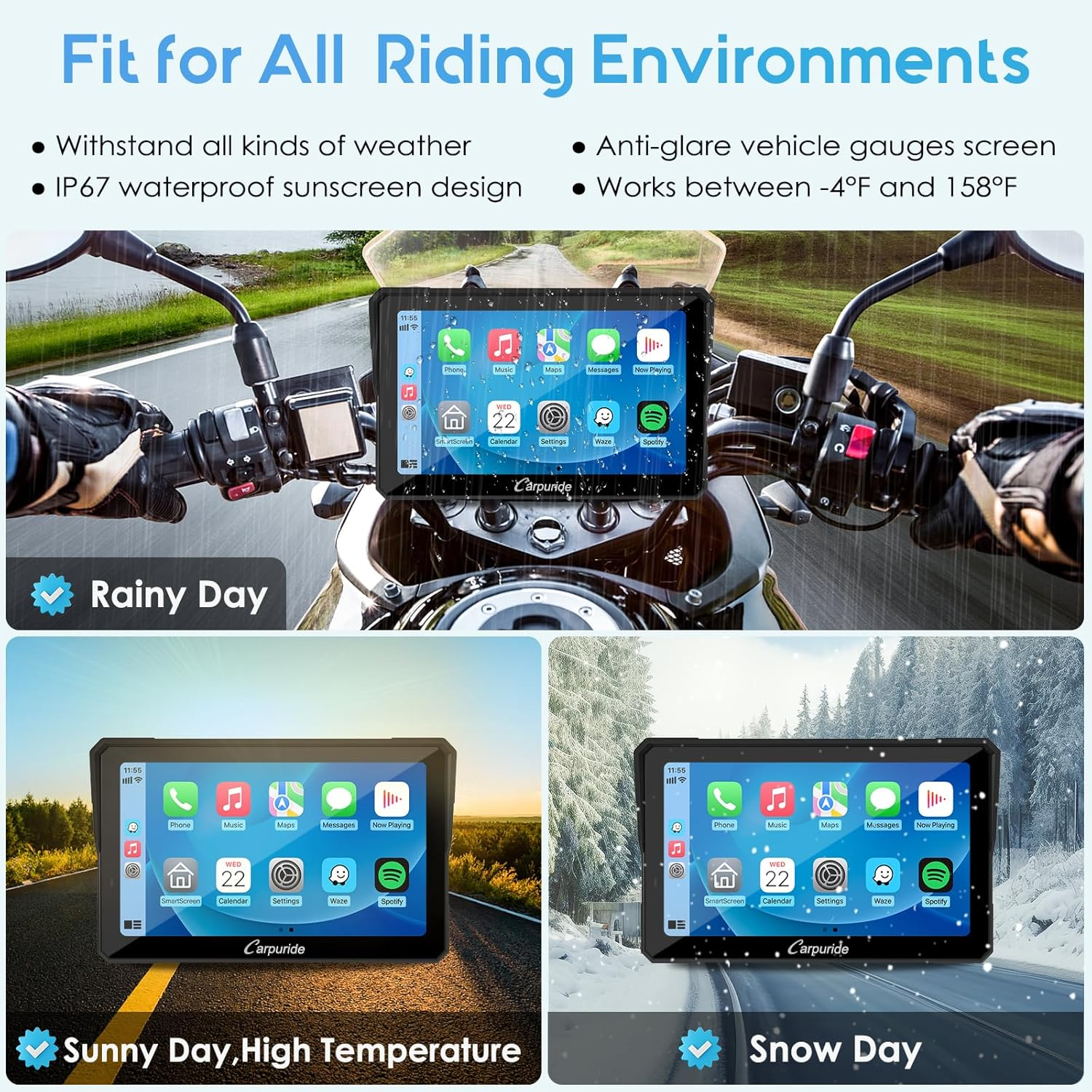 Carpuride W702PRO for Motorcycle Carplay& Android Auto& Dual Bluetooth - 7" Waterproof GPS Navigation Screen for Motorbike, Music Sharing, Intercom, EQ, Light Sensor, Compass, Barometer image number 1