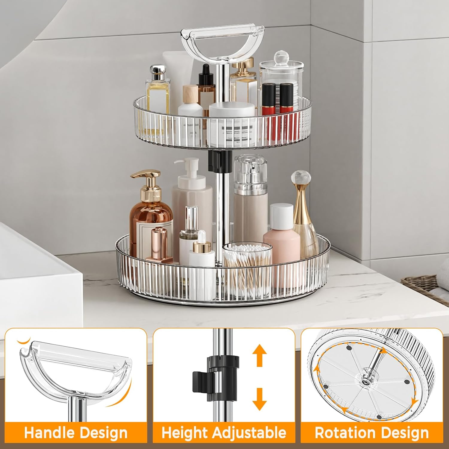 Lazy Susan Organizer, 360&deg; Rotat Turntable Capacity Adjustable Height Storage Rack, Non-Slip Storage Shelf for Kitchen, Cabinet, Countertop,Bathroom,Pantry Organiser (Transparent White) - Jet Black image number 2