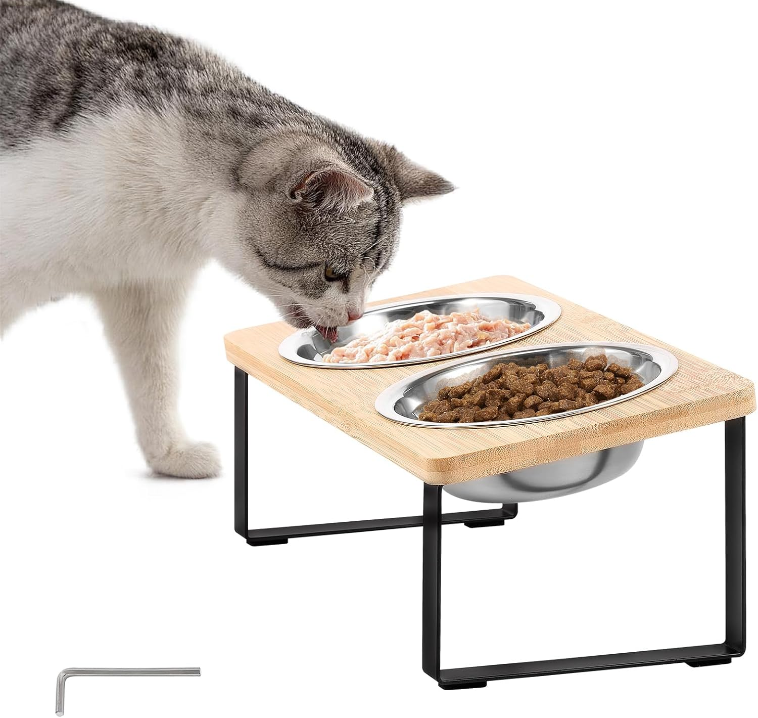 Raised Cat Bowls Non Slip 15&deg; Tilted Elevated Feeder Set with Stand Protect Pet'S Spine anti Vomiting Raised Cat Dishes for Food and Water 2 Stainless Steel Bowls for Cats and Puppy (Wooden) image number 1
